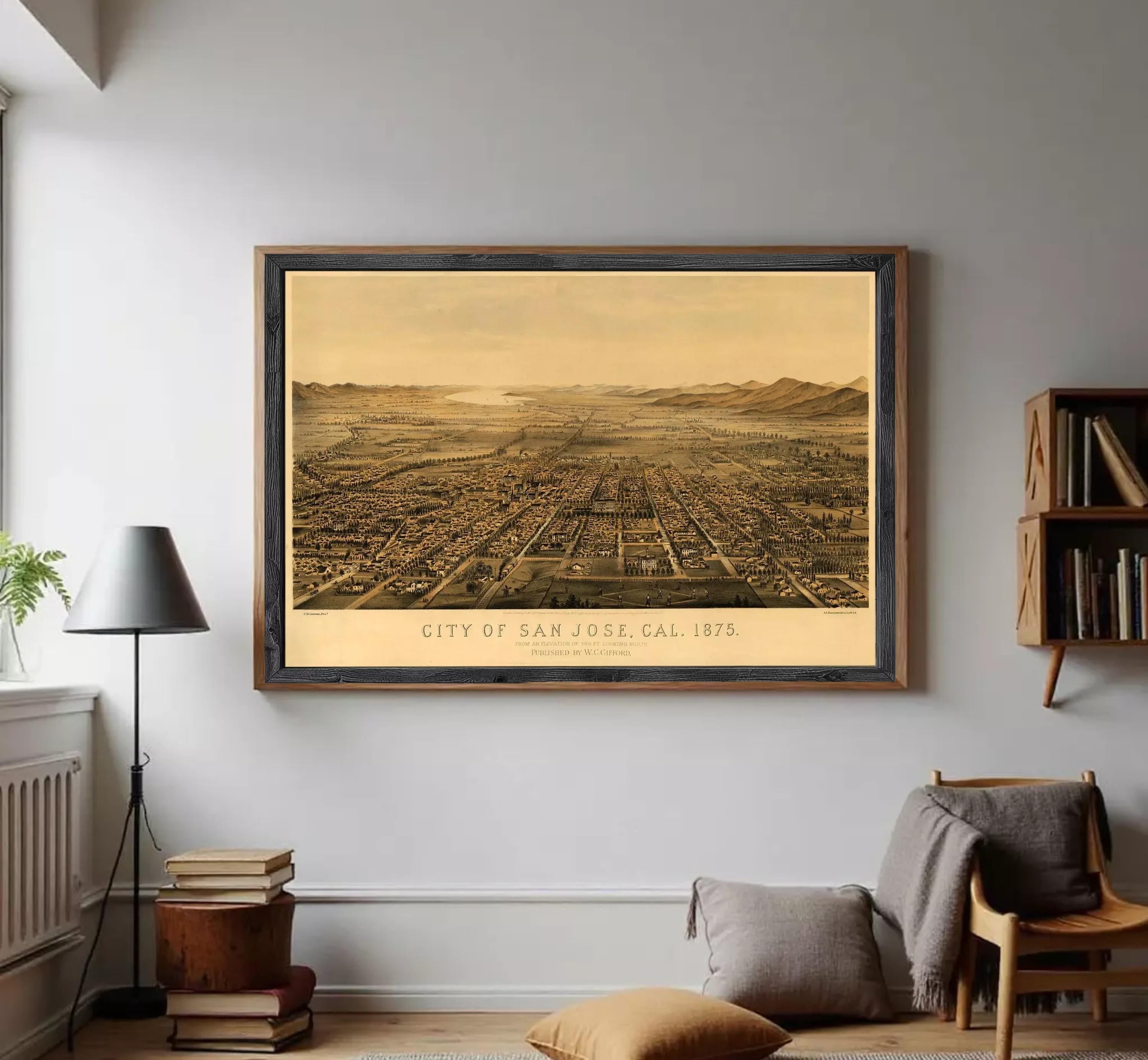The image is a framed vintage map of San Jose, California, dated 1875.