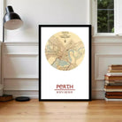 A framed map of Perth, Australia, with the city's name and location prominently displayed.