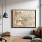 The image is a framed vintage map of San Diego, California, depicting the city's streets and surrounding areas.