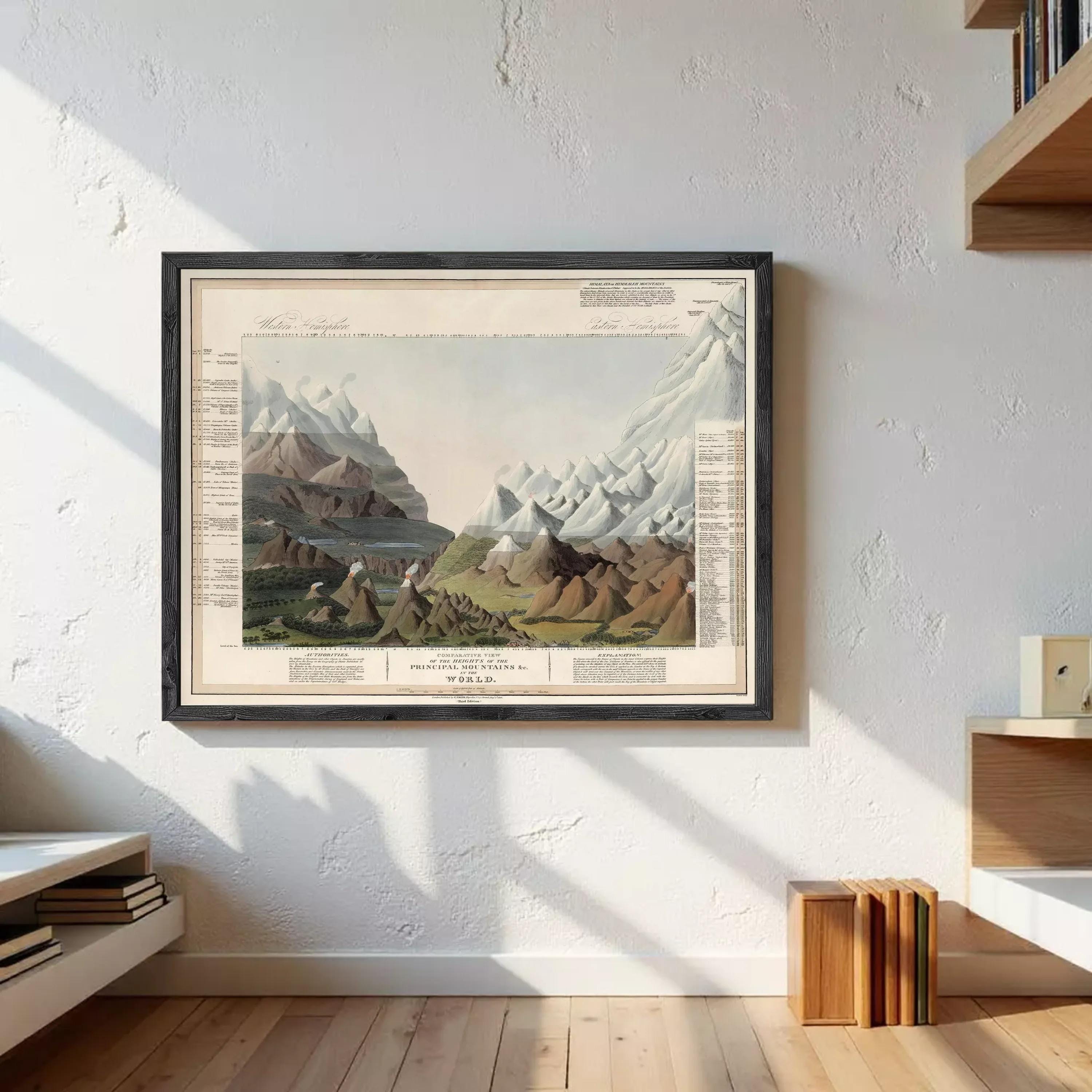 The image is a framed vintage map depicting a mountainous landscape with various peaks and valleys.