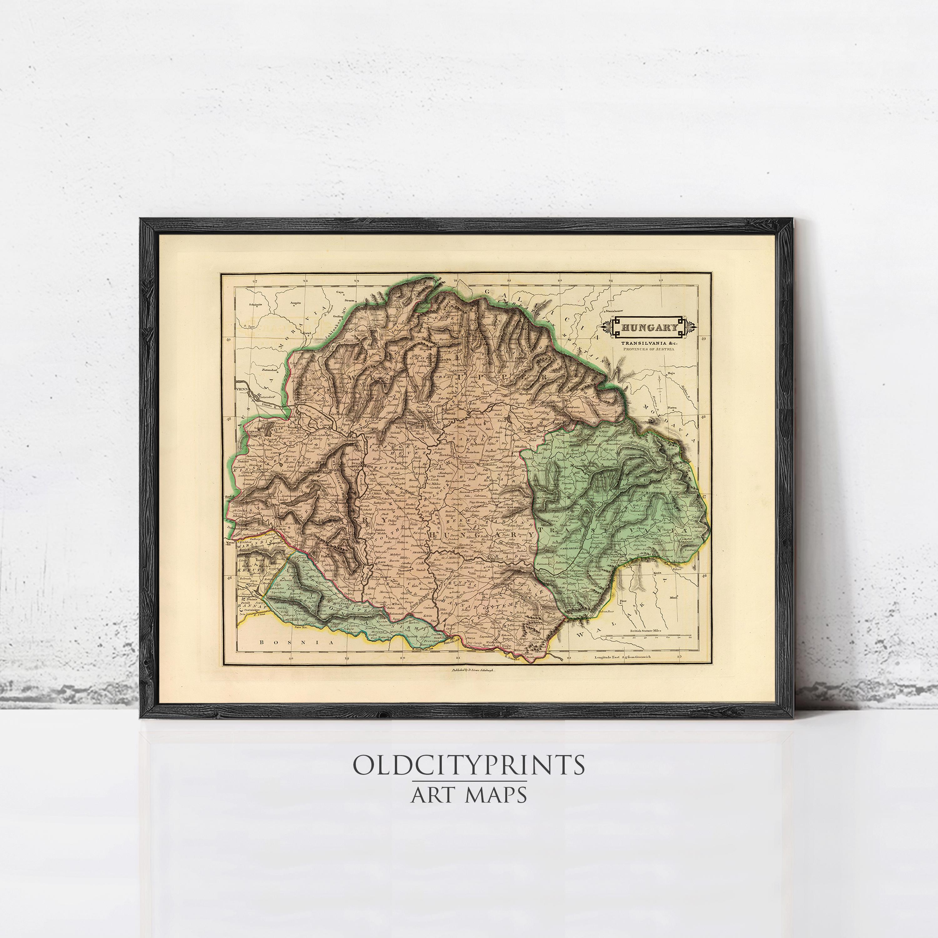 The image is a framed antique map of Romania, depicting the country's geographical layout and boundaries.