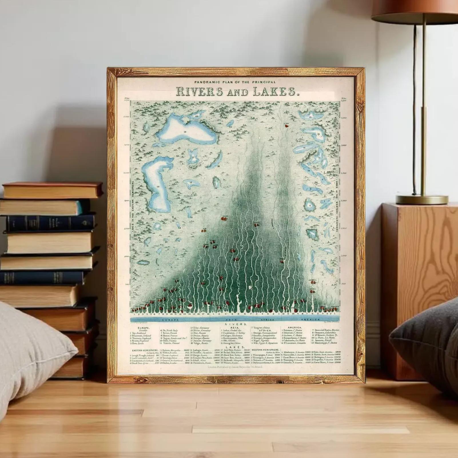 The image is a framed vintage map of rivers and lakes, with a wooden frame and a dark green color scheme.