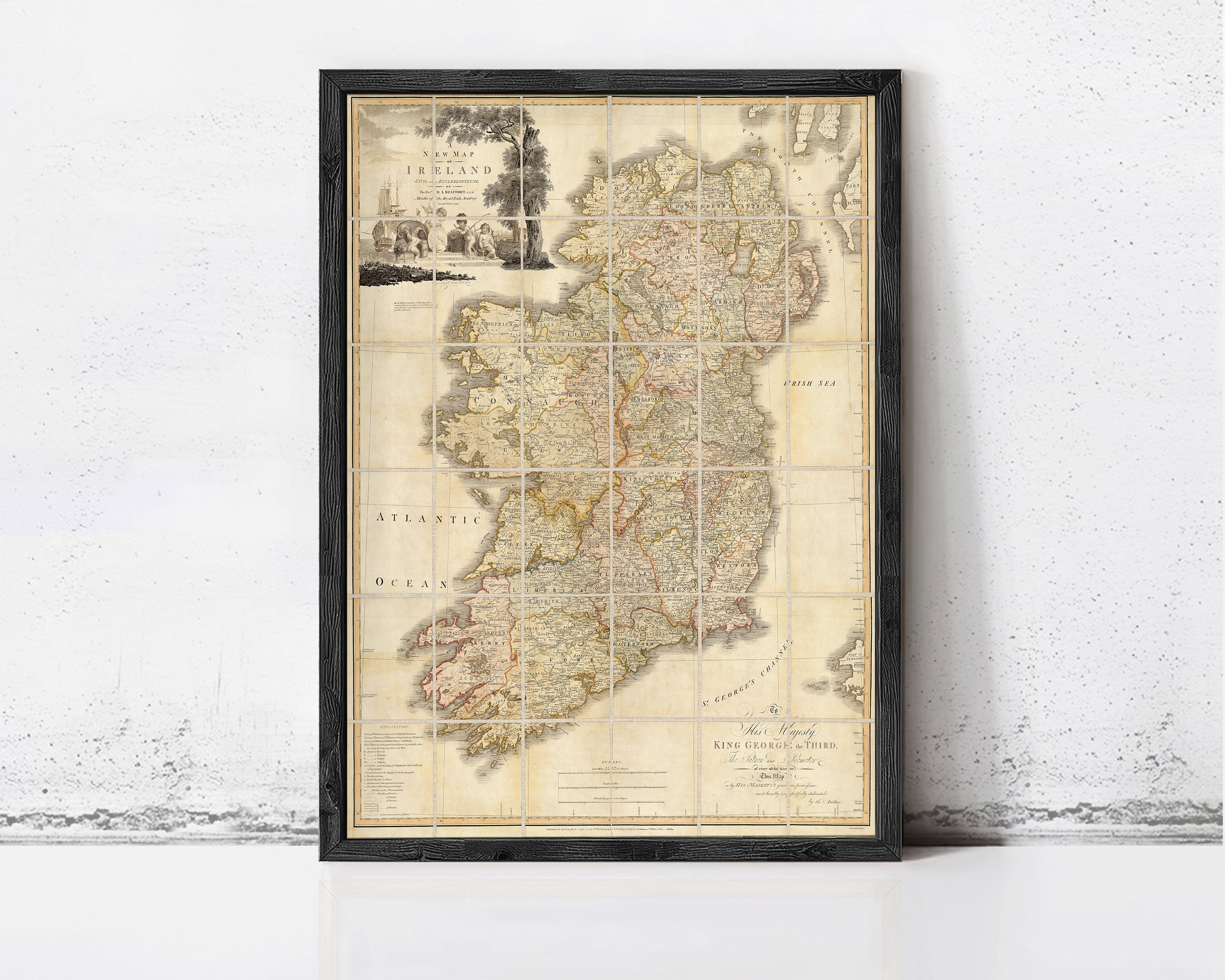 The image is a framed map of Ireland, depicting the country's geographical layout and surrounding areas.