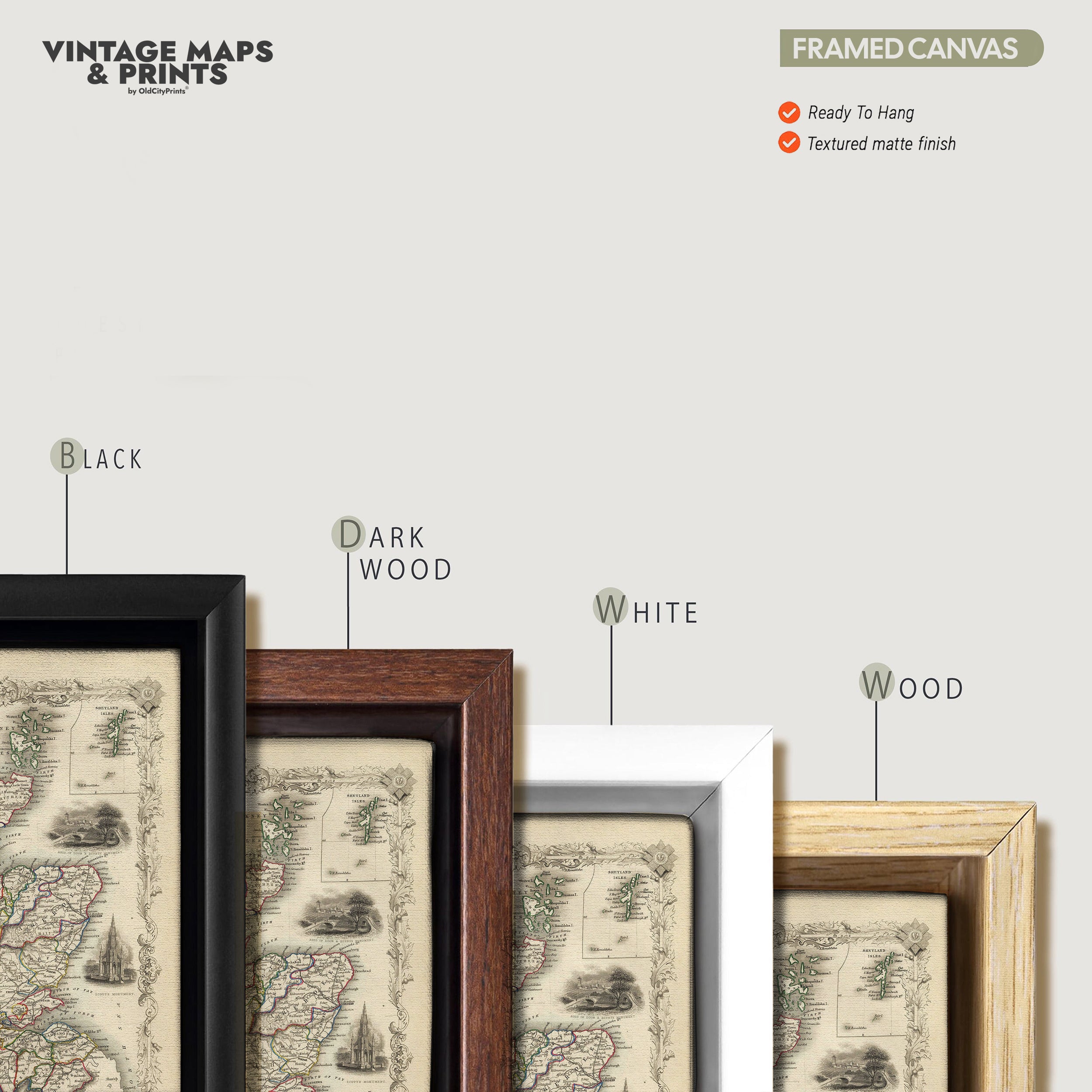 a collection of framed maps, each with a different frame color and style. The maps are arranged in a row, with the black frame on the left, the dark wood frame in the middle, and the white frame on the right. The frames vary in color and design, adding visual interest to the display.