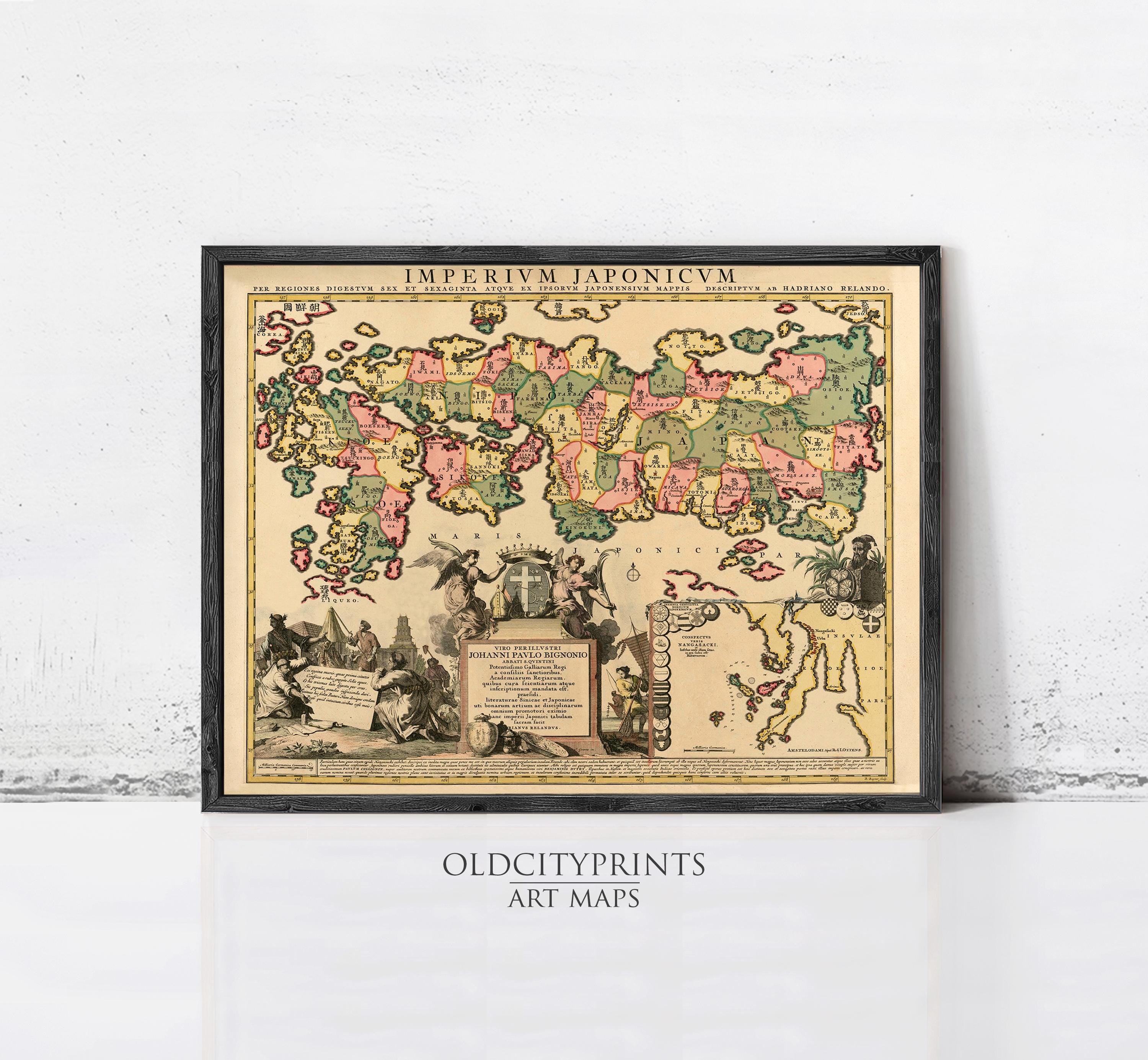 The image is a framed vintage map of the world, depicting various regions and countries with different colors and styles.
