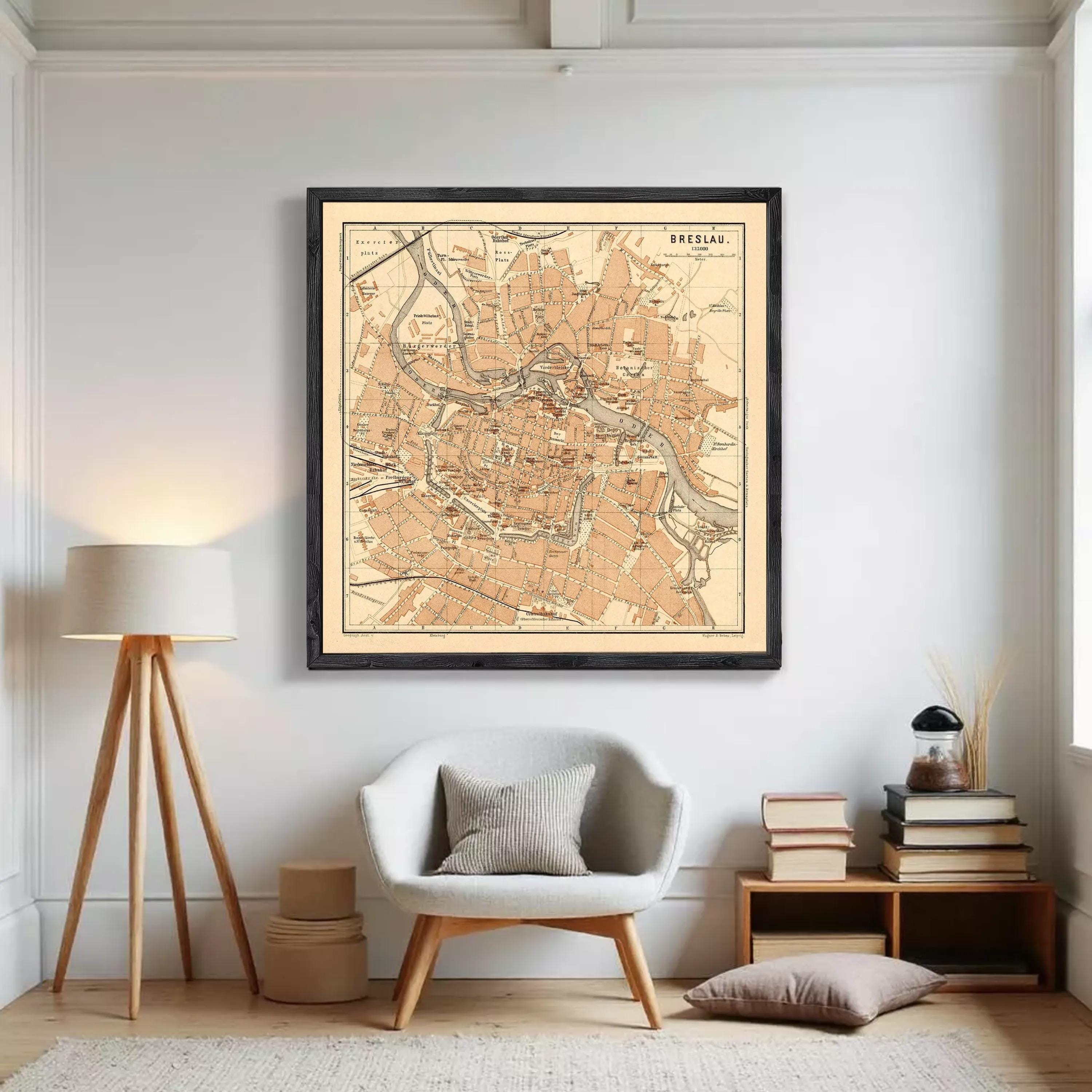 The image is a framed vintage map of Breslau, Germany, depicting the city's layout and surrounding areas.