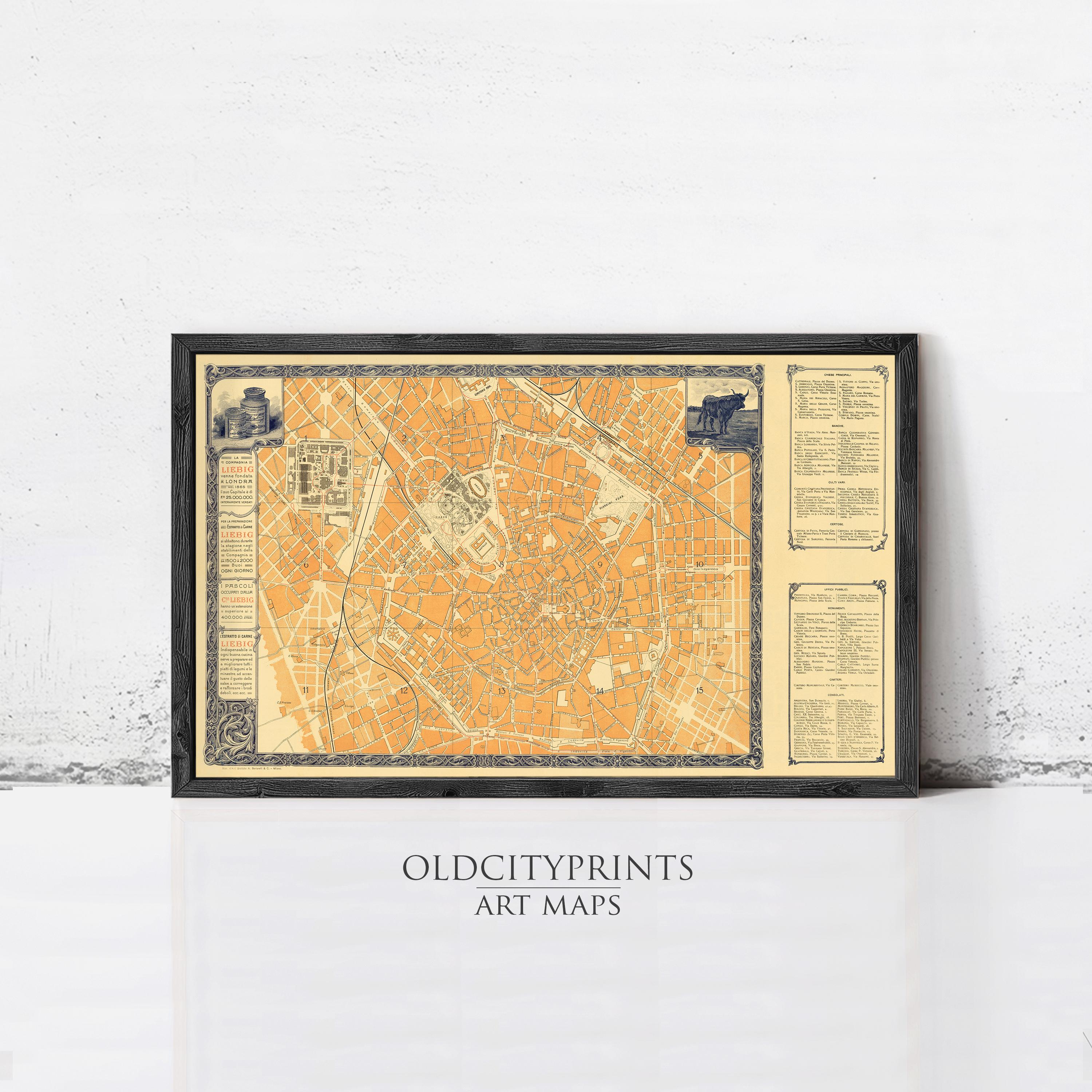 The image is a framed art print depicting a detailed map of a city, with various landmarks and streets labeled.