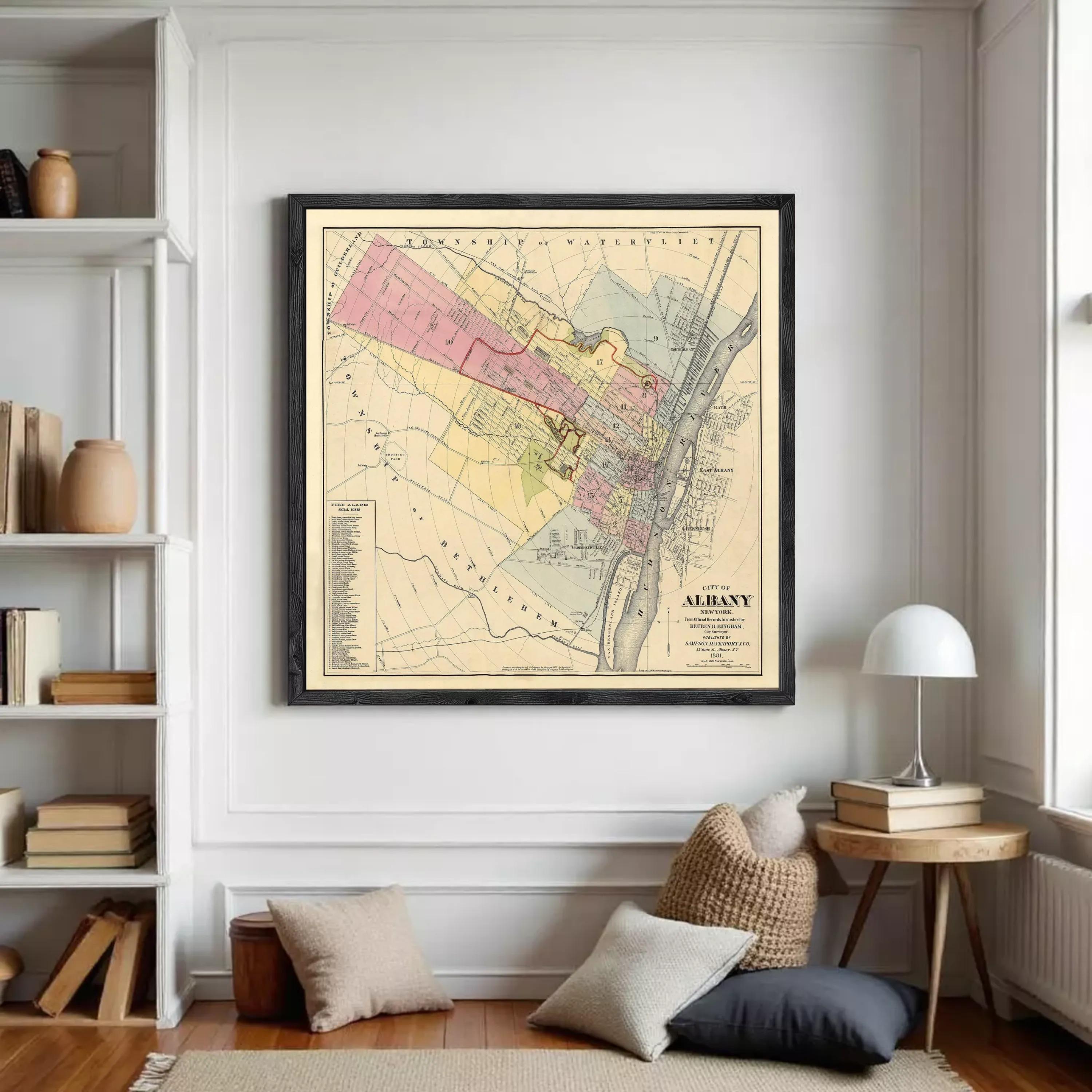 The image is a framed map of the town of Albany, New York, showing the layout of the streets, buildings, and other geographic features.