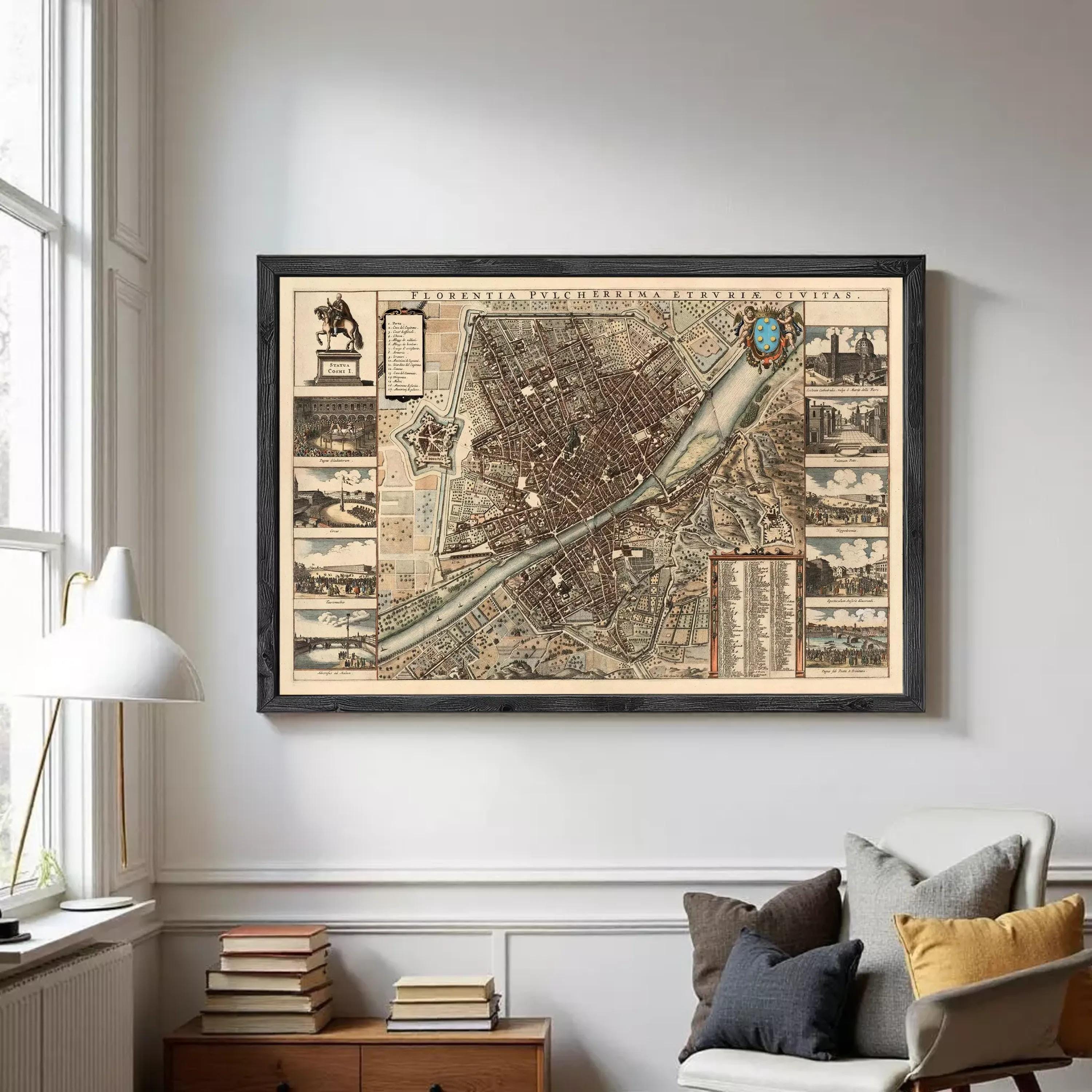 The image is a framed vintage map of Florence, Italy, depicting the city's layout and surrounding areas.