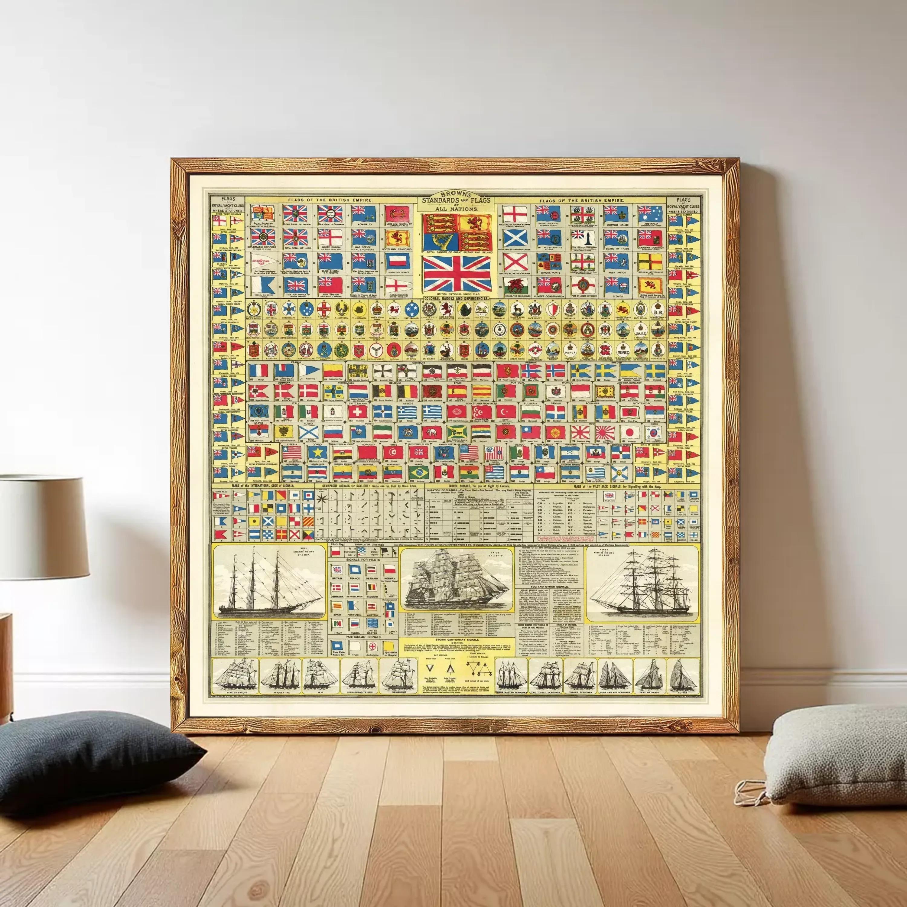 The image is a large framed poster or map displaying various flags and nautical symbols, likely representing different countries or regions.