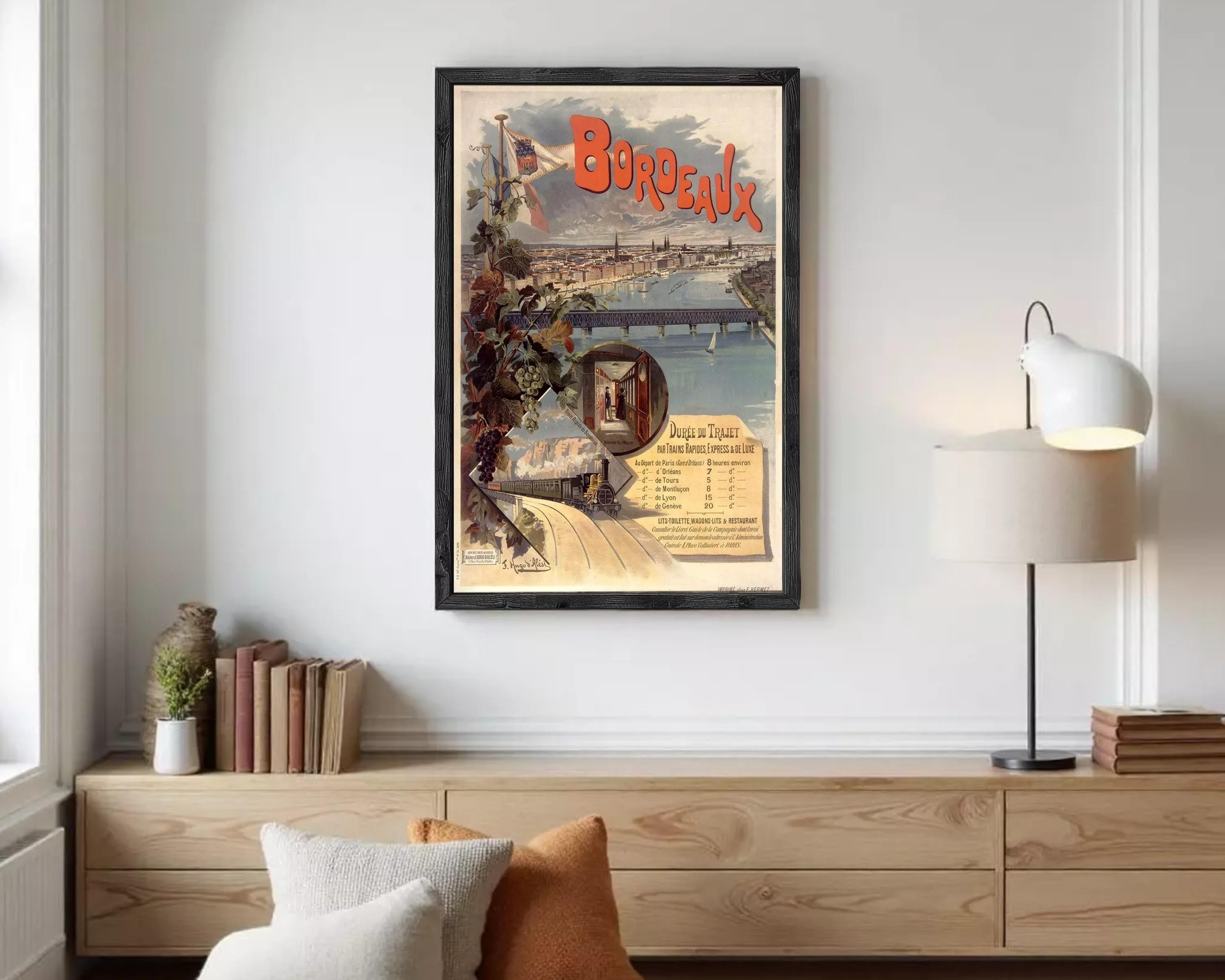 The image is a framed vintage advertisement poster for Bordeaux, France.