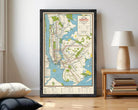 The image is a framed subway map of New York City, depicting the extensive subway network and surrounding areas.