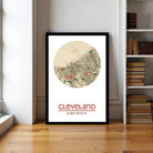 A framed map of Cleveland, Ohio, with the city's location and surrounding area depicted.