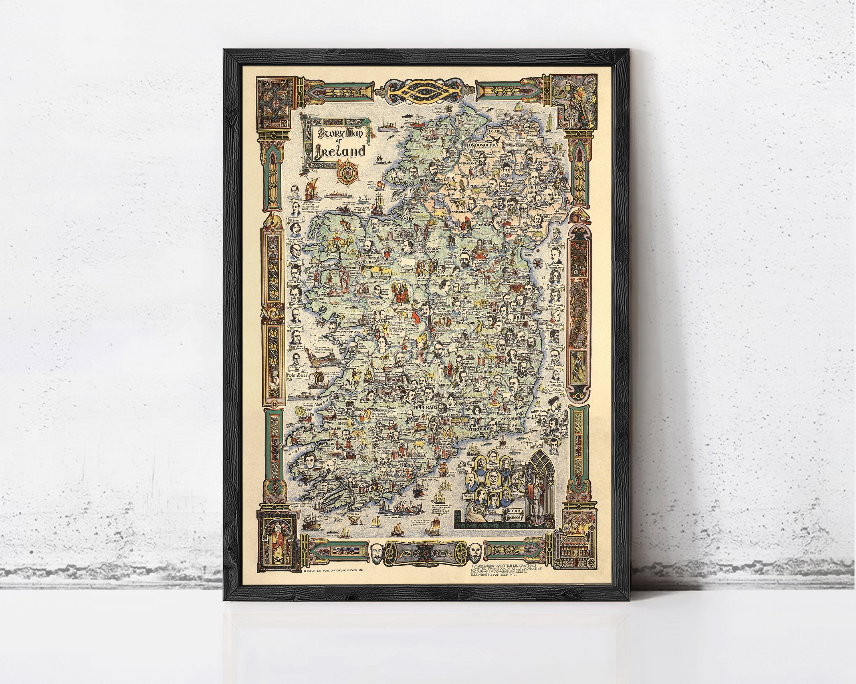The image is a framed map of Ireland, featuring various landmarks and geographical features.