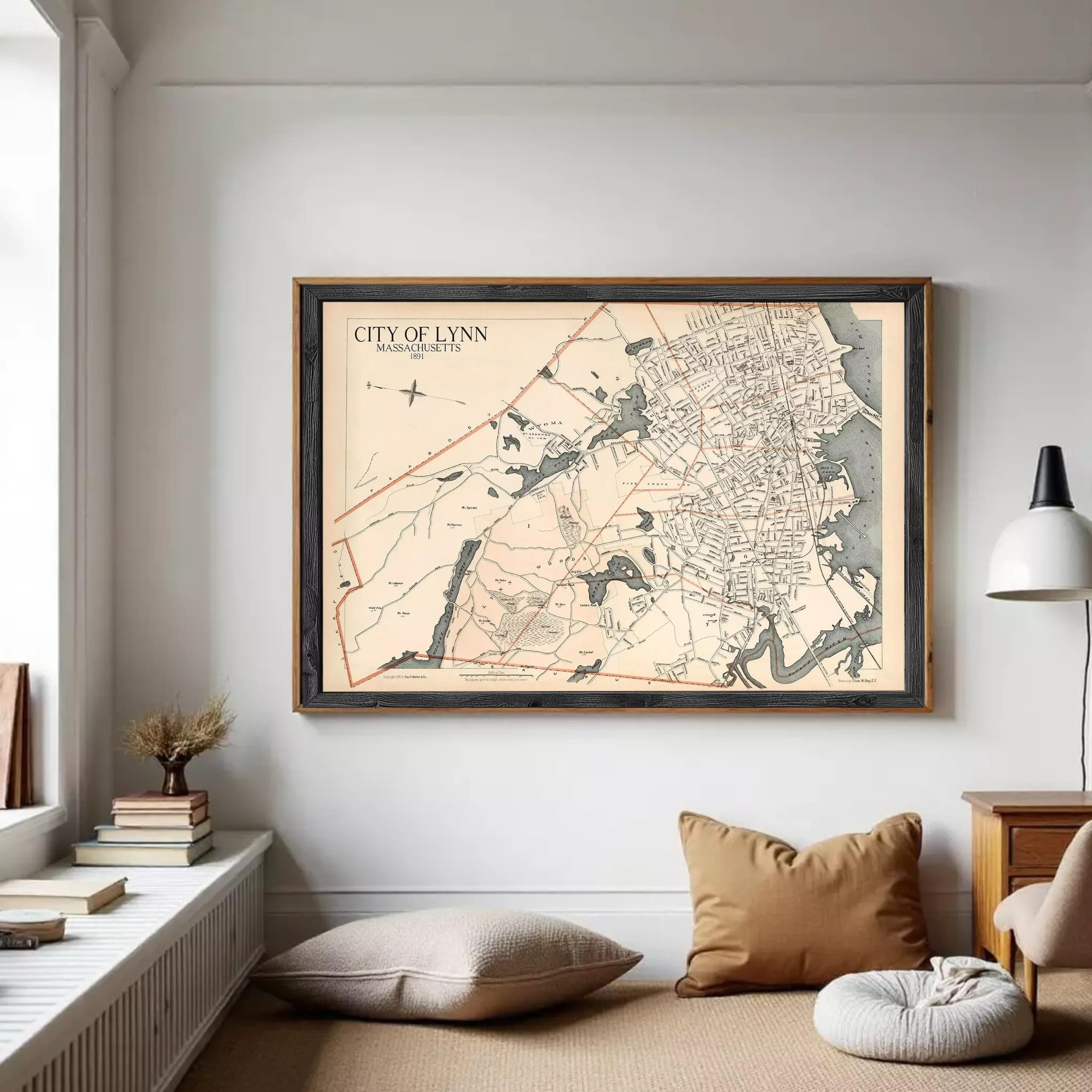 The image is a framed vintage map of the city of Lynn, Massachusetts, dated back to 1883.