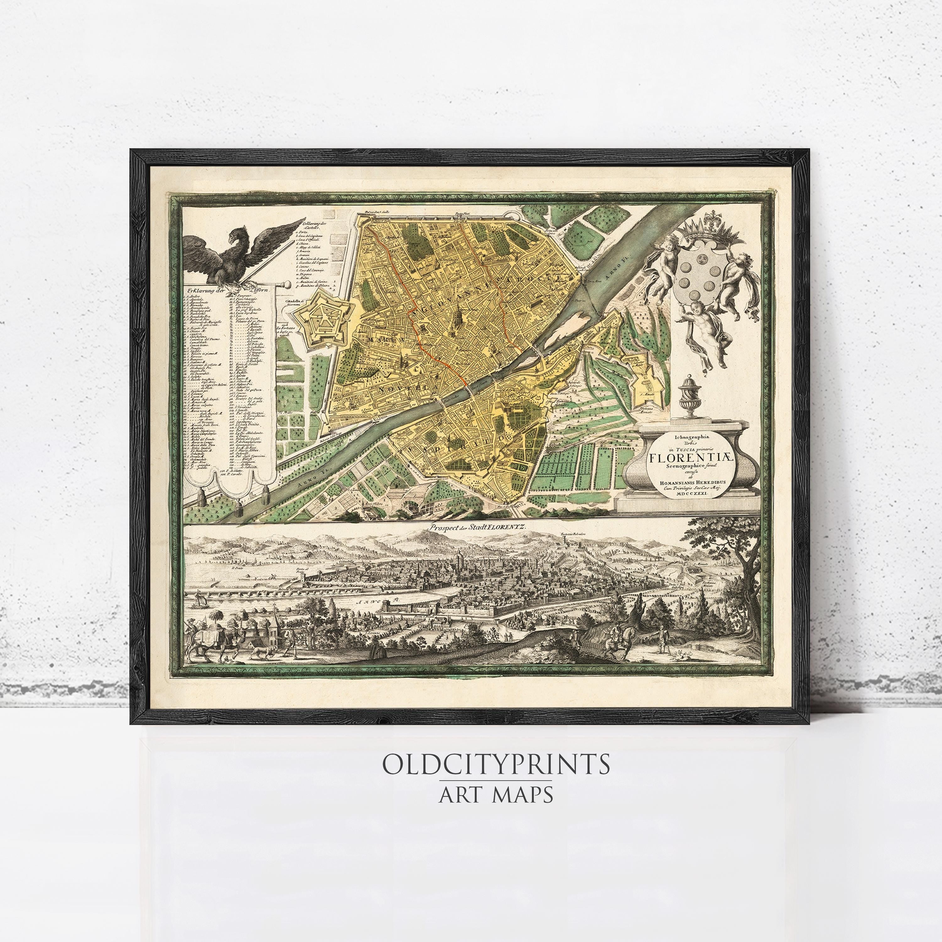 The image is a framed antique map of Florence, Italy, depicting the city and surrounding areas in a detailed and intricate manner.