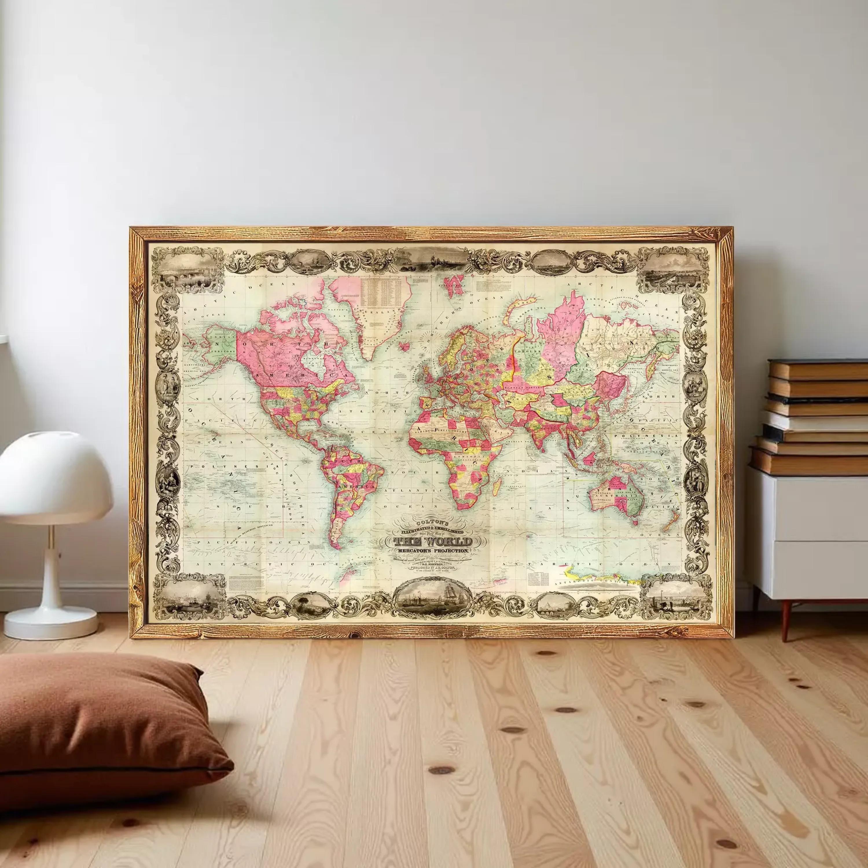 The image is a vintage world map framed in wood, displayed on a white wall.