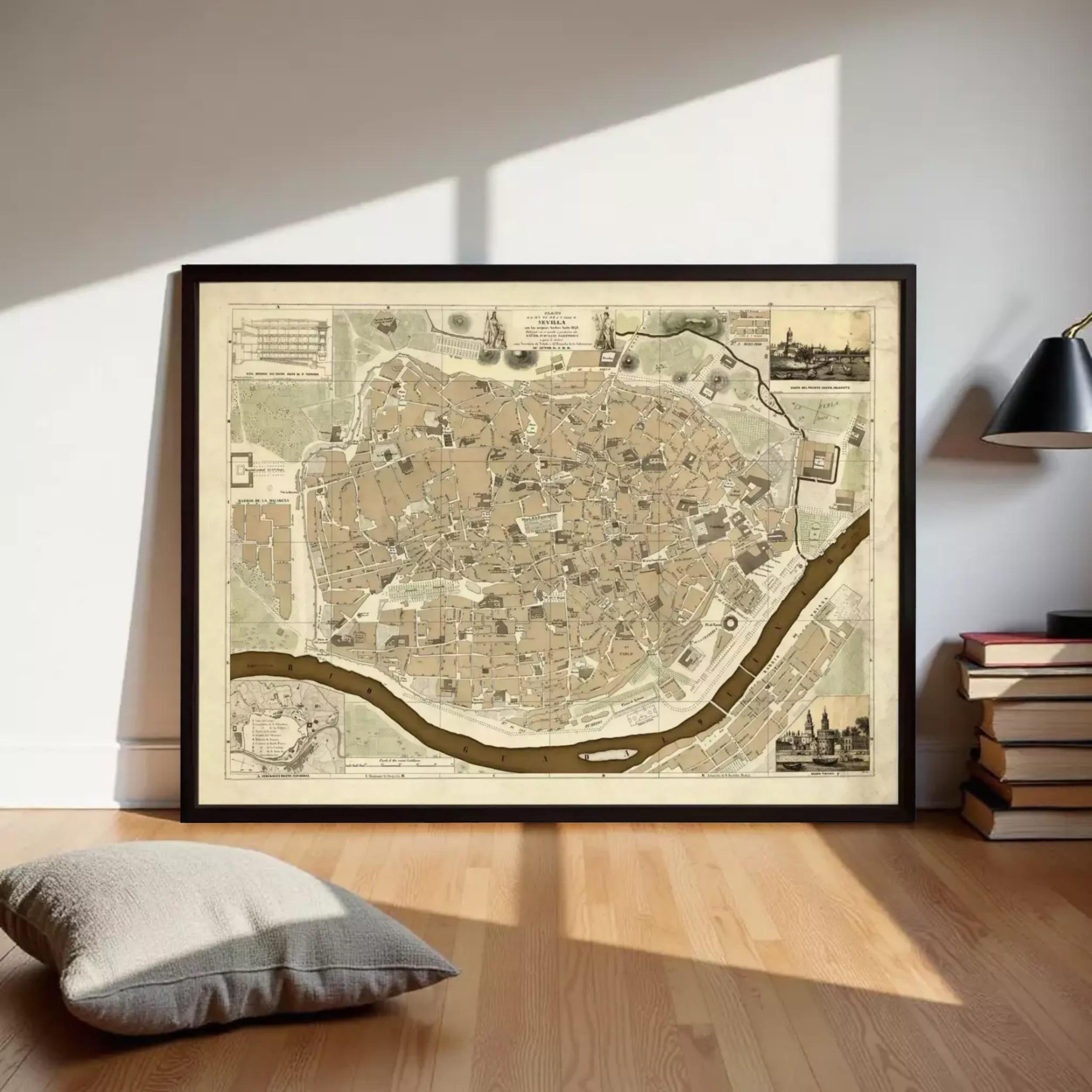 The image is a framed map of a city, likely a historical or geographical map, displayed on a white wall.