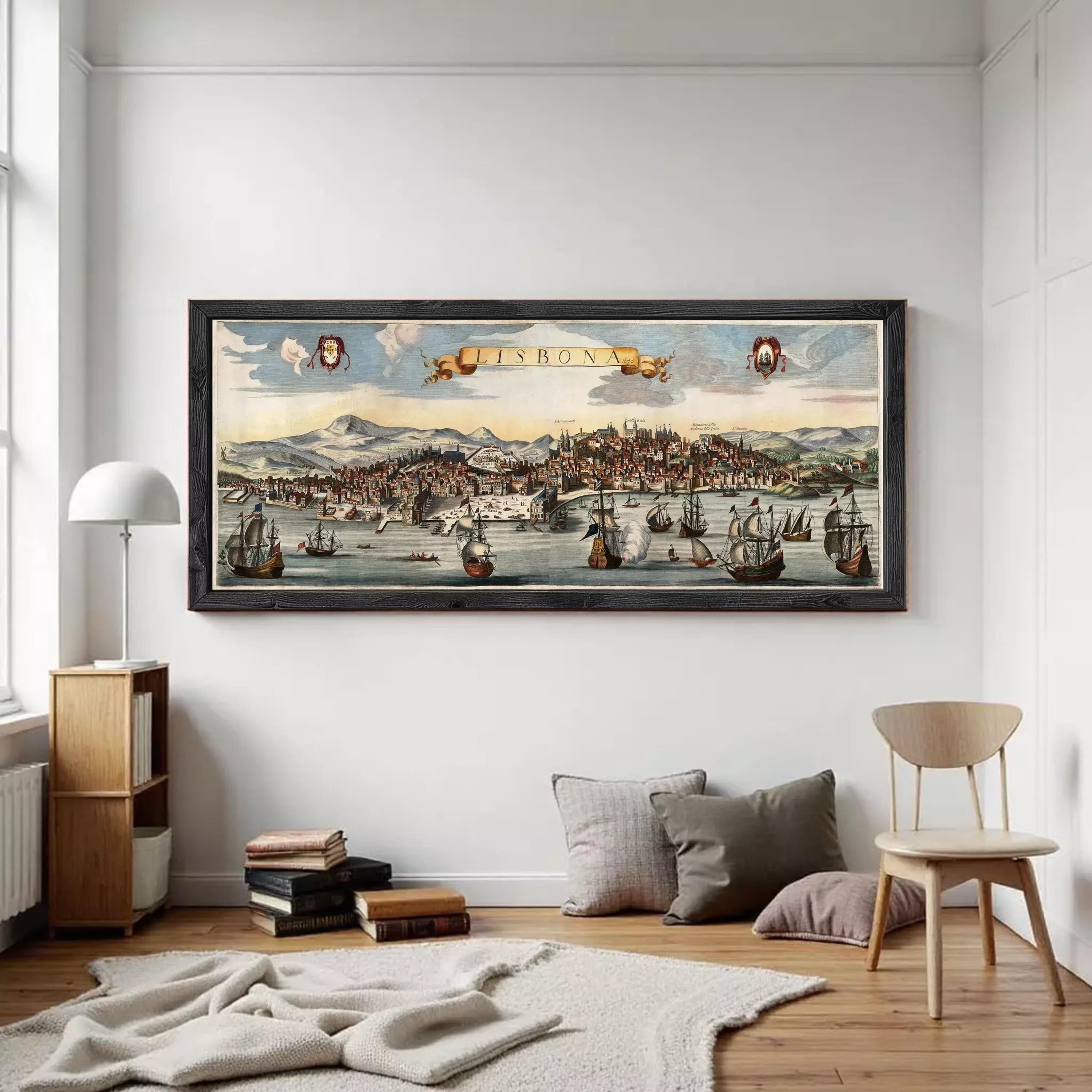 The image is a framed painting depicting a cityscape with ships and boats in the water, set against a mountainous background.