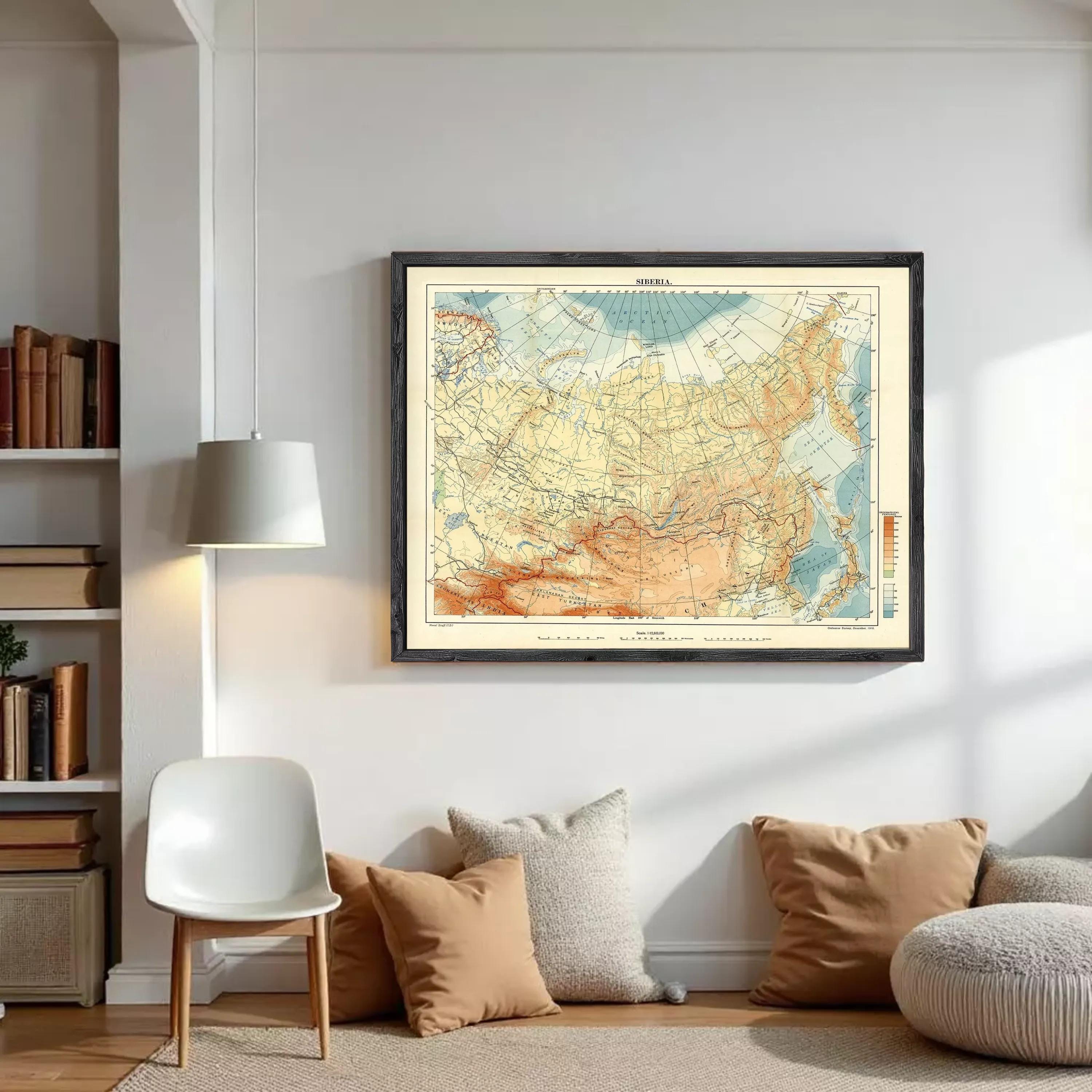 The image is a framed vintage map of the Arctic region, depicting the Arctic Ocean and surrounding landmasses.