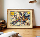 The image is a framed vintage map of Europe, featuring various landmarks, symbols, and illustrations.