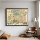 The image is a framed vintage map of Barcelona, Spain, depicting the city's streets, landmarks, and surrounding areas.