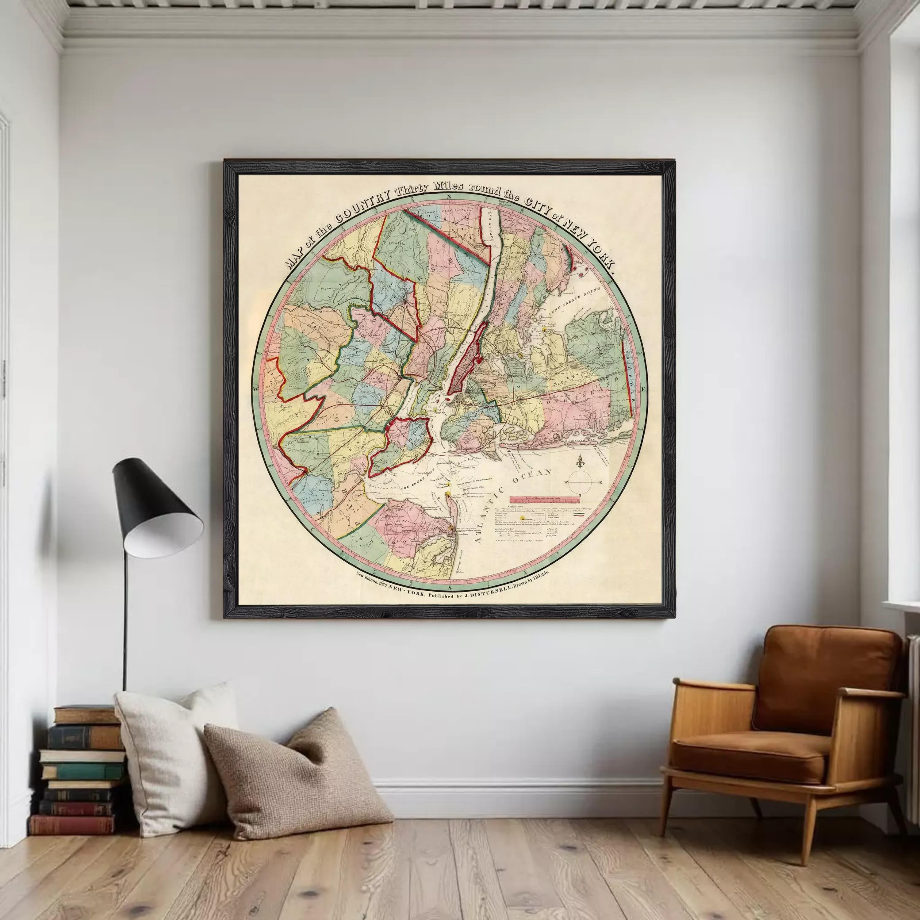 A framed vintage map of New York City, depicting the city's geographical layout and surrounding areas.