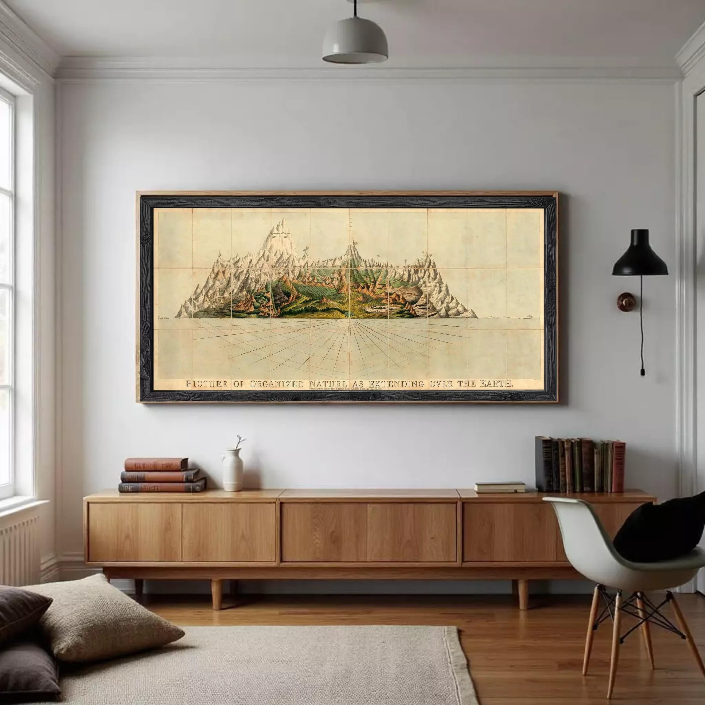 A framed illustration depicting a mountainous landscape with a body of water in the foreground.