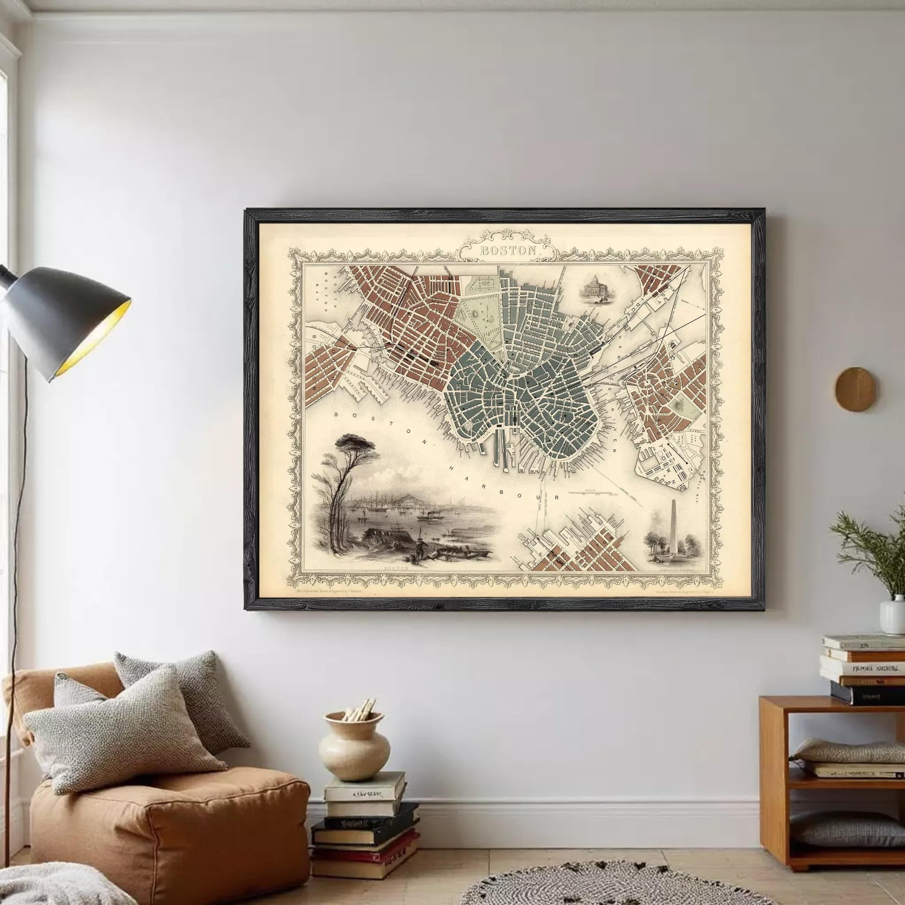 The image is a framed vintage map of Boston, Massachusetts, depicting the city's streets and surrounding areas.