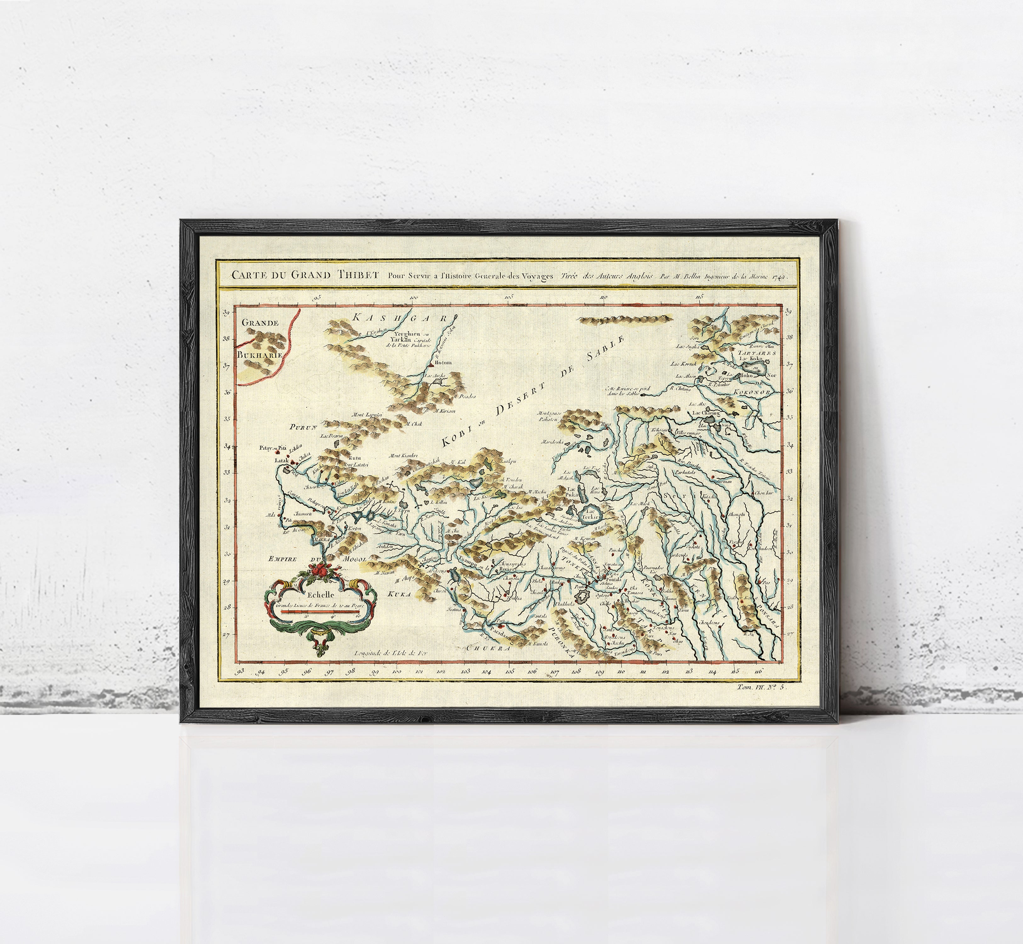 The image is a framed antique map of Europe, depicting the continent and surrounding areas in a detailed and intricate manner.