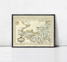 The image is a framed antique map of Europe, depicting the continent and surrounding areas in a detailed and intricate manner.