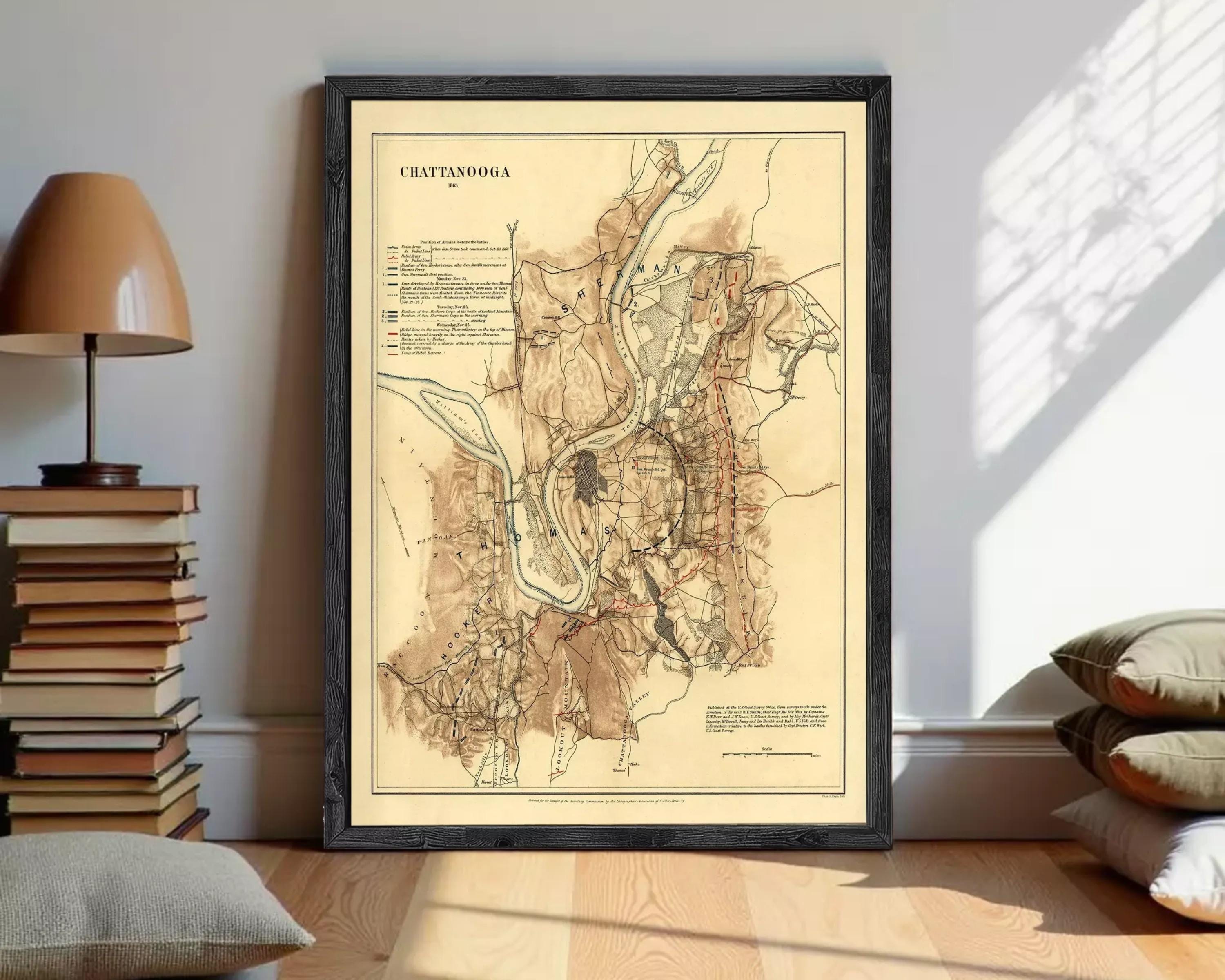 The image is a framed map of Chattanooga, Tennessee, depicting the city's layout and surrounding areas.