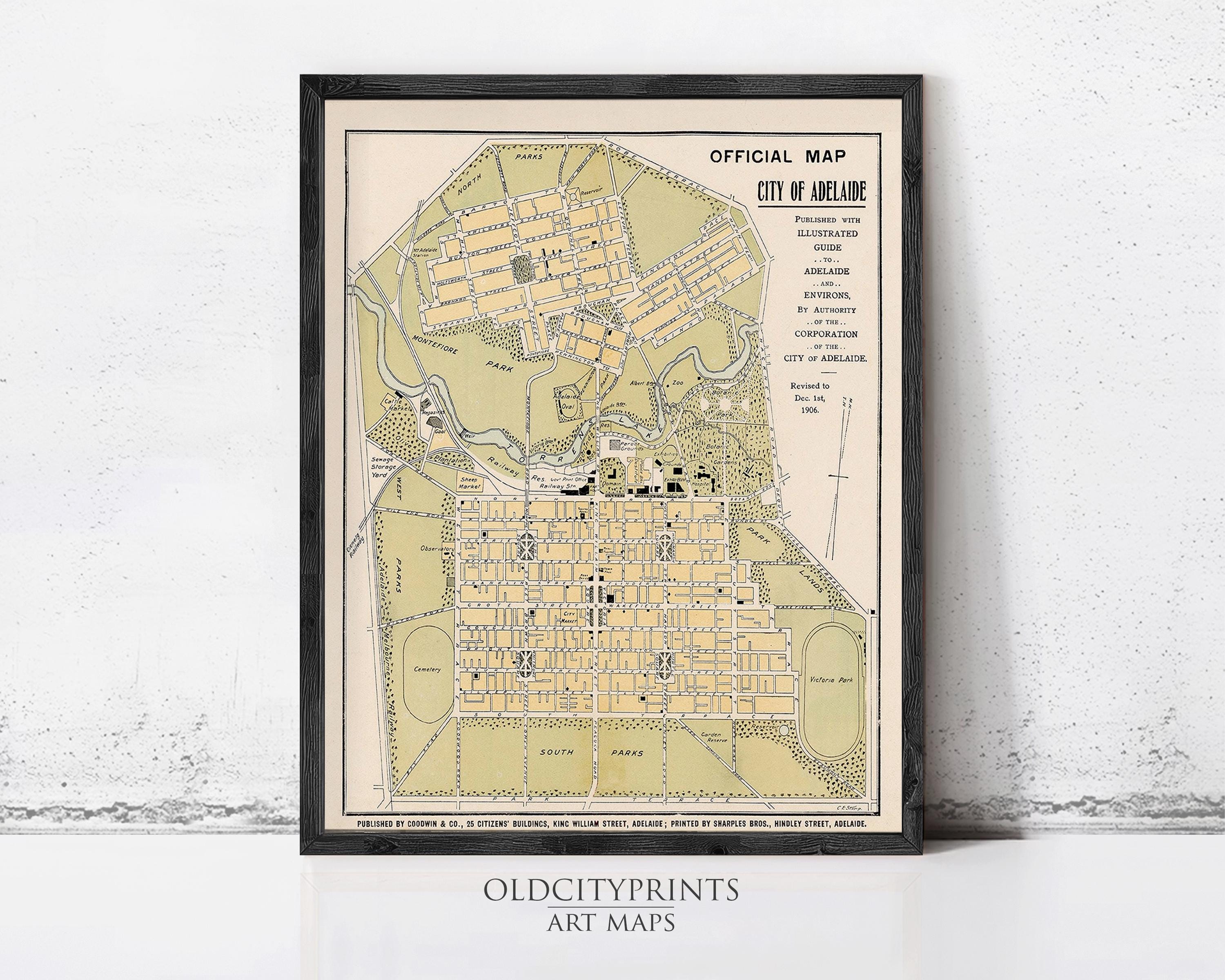 The image is an old-fashioned map of the City of Adelaide, Australia, depicting the city's layout and surrounding areas.