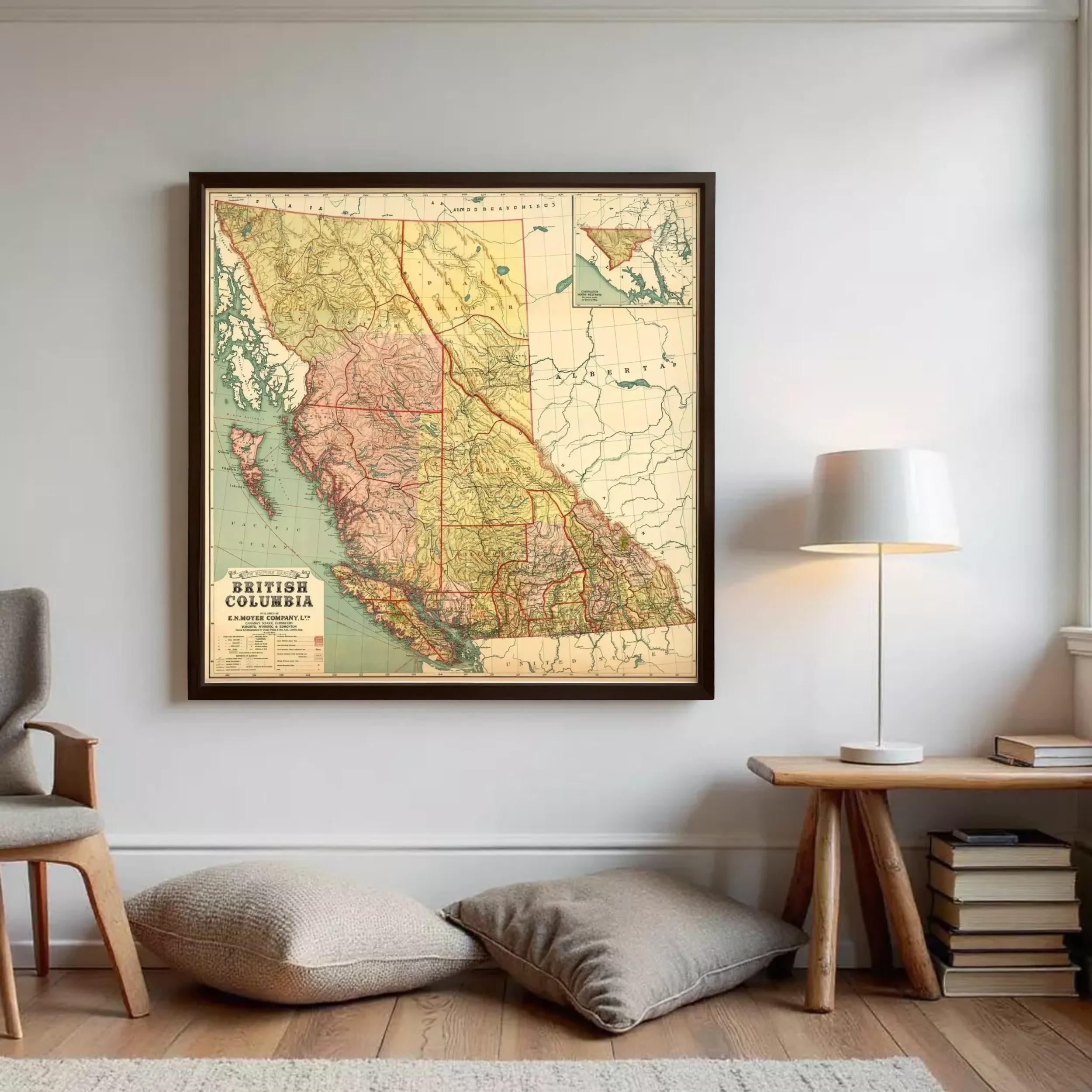 The image is a framed vintage map of British Columbia, Canada.