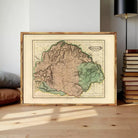 The image is a framed map of Hungary, showing the country's geographical layout and boundaries.