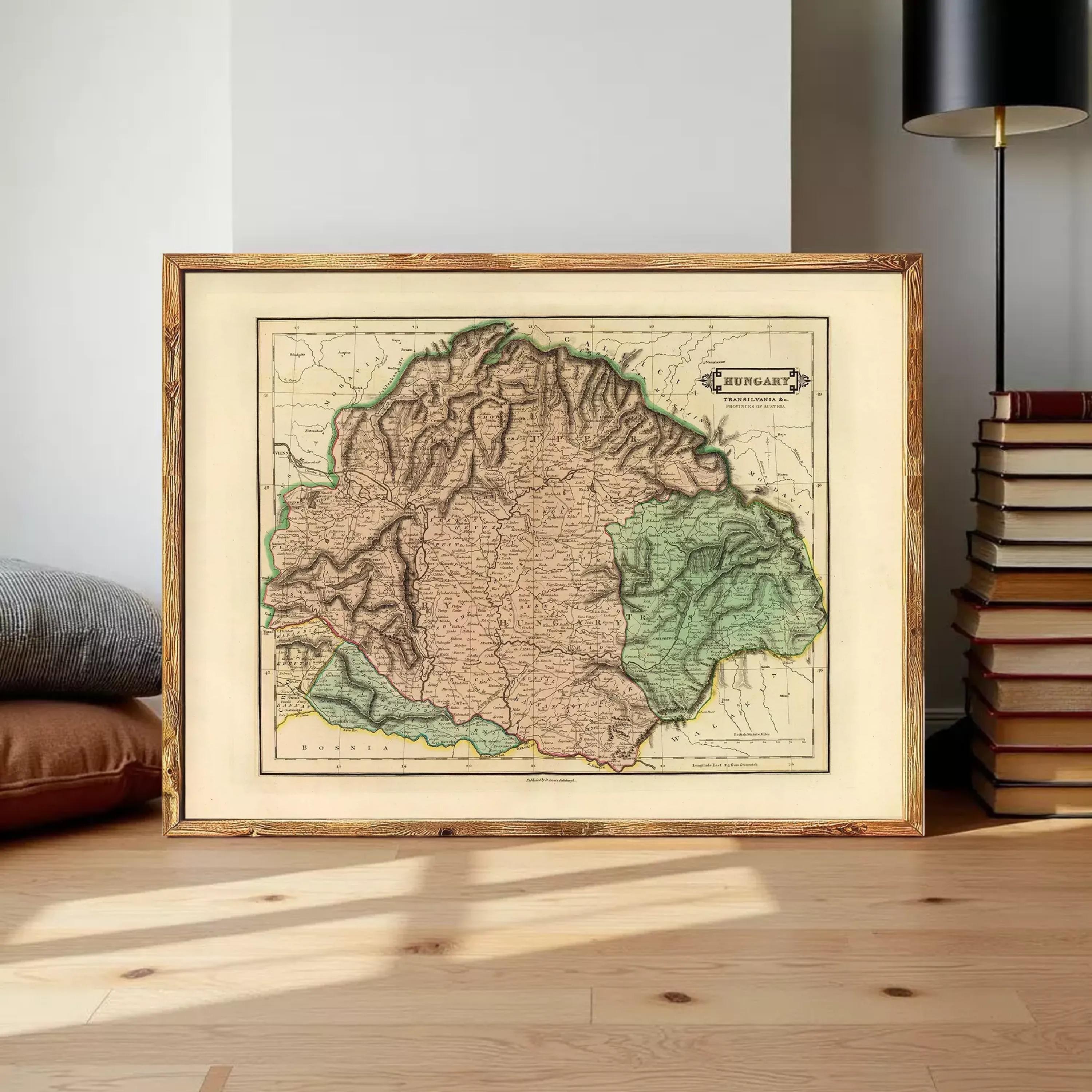 The image is a framed map of Hungary, showing the country's geographical layout and boundaries.