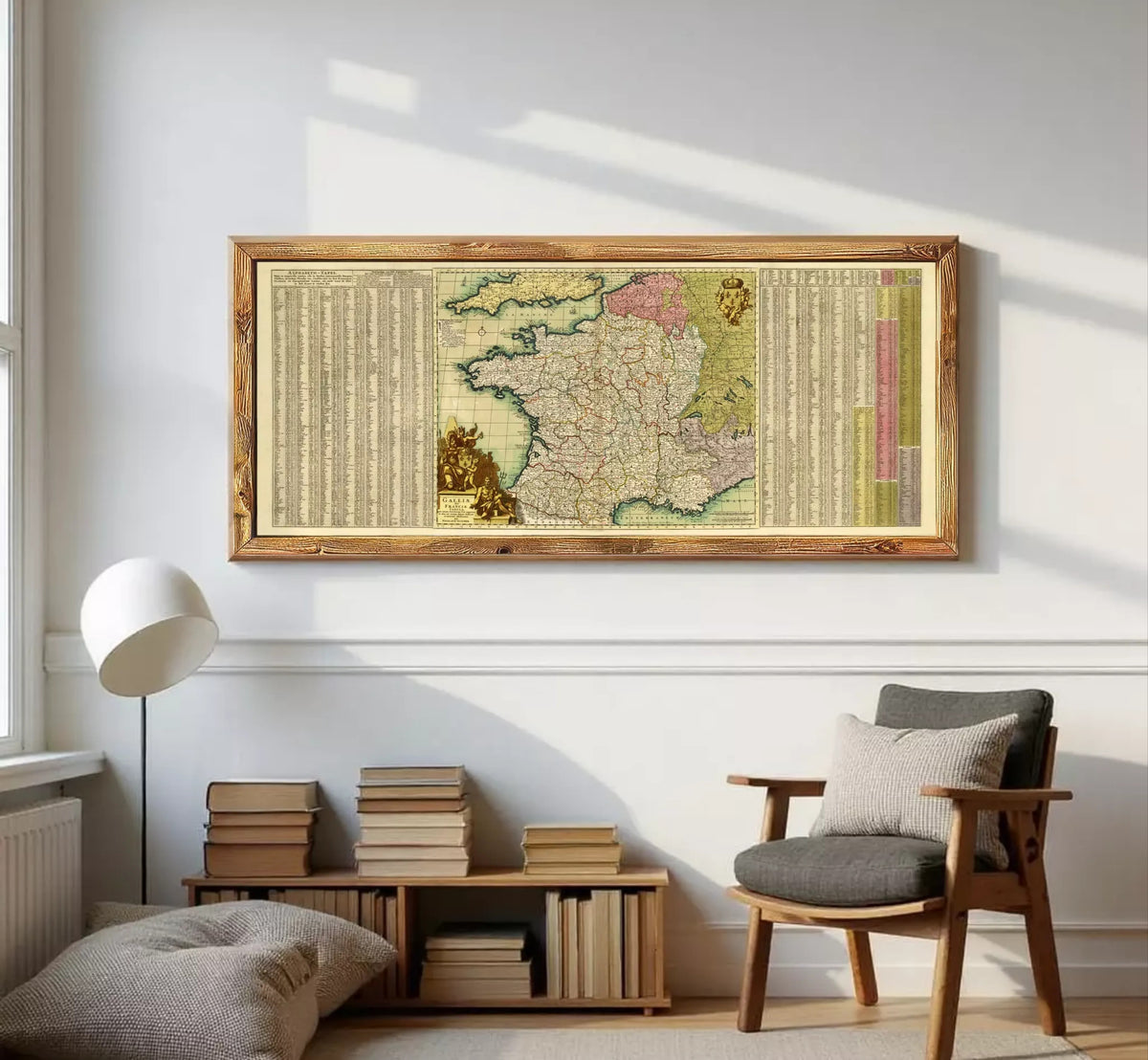 A framed map of Europe is displayed against a white wall.