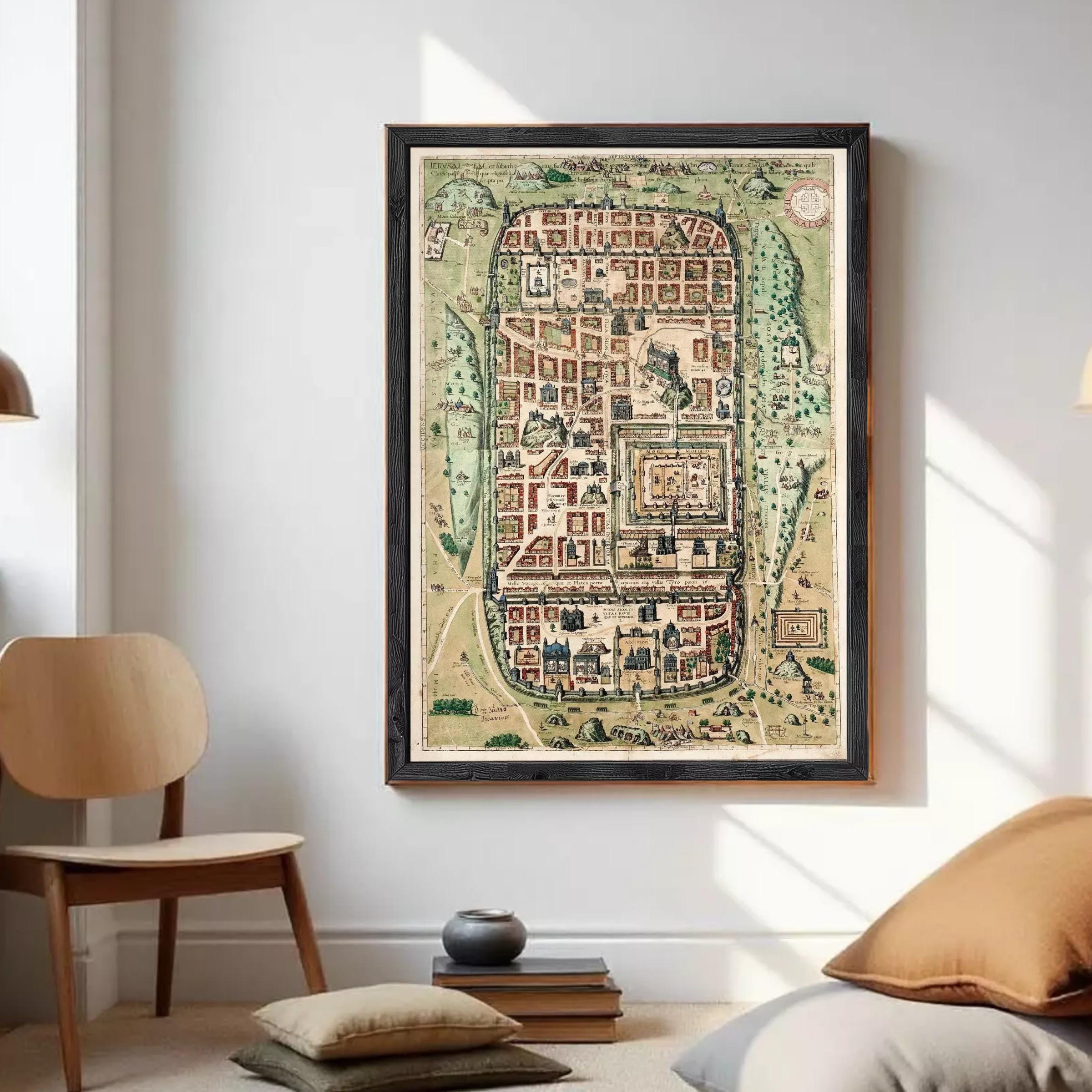 The image is a framed map of a city, depicting various buildings, roads, and other urban elements.