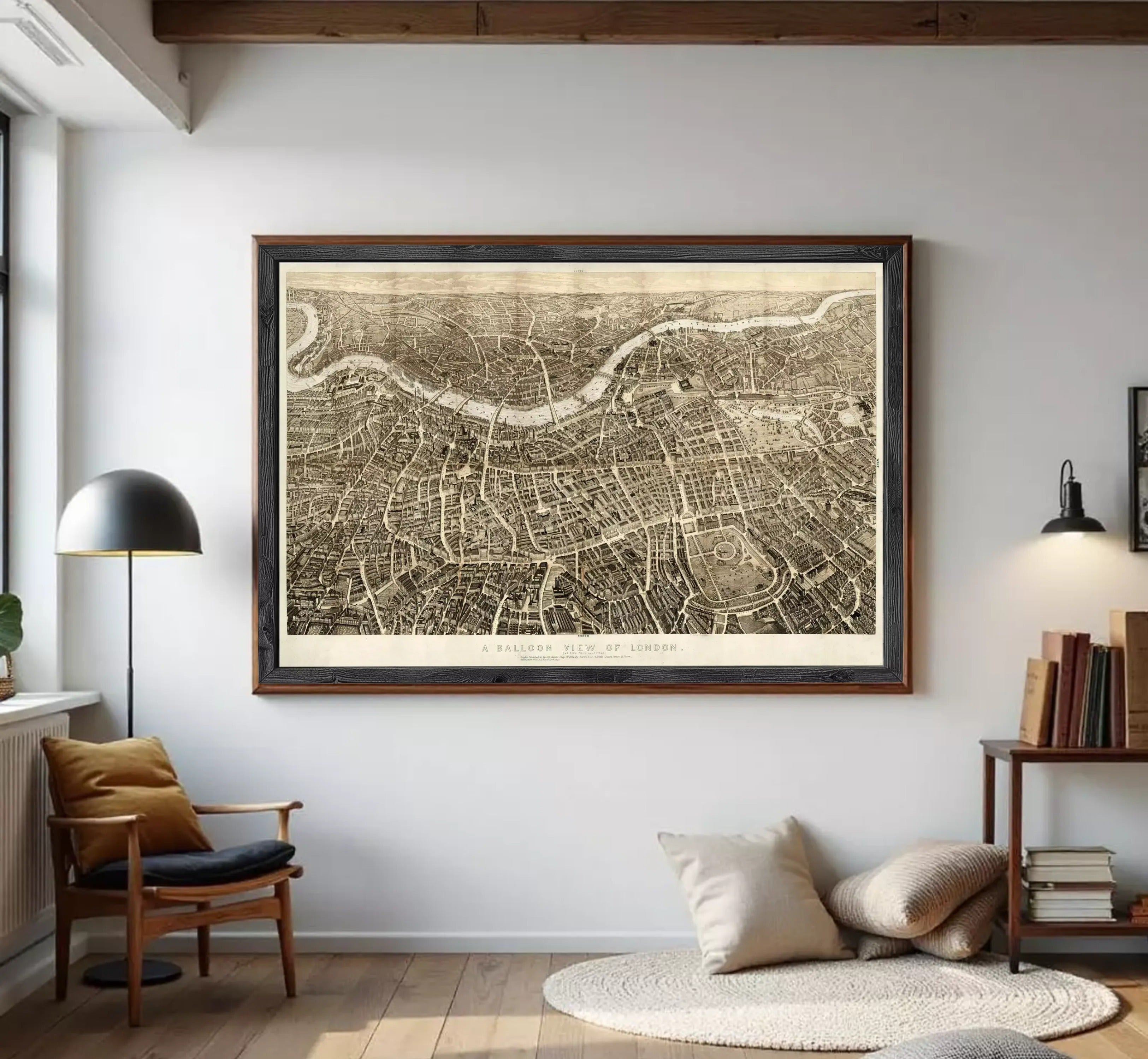 The image is a framed print of a detailed map of London, England, depicting the city's streets, landmarks, and waterways.