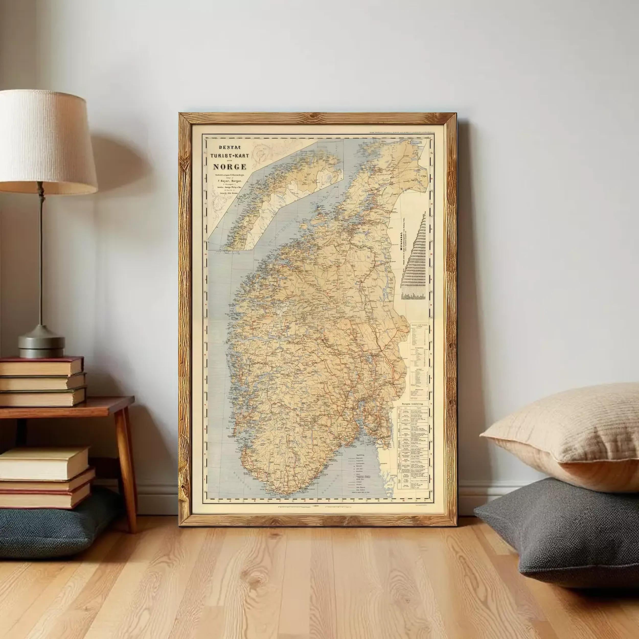 The image is a framed map of Norway, with a vintage appearance.