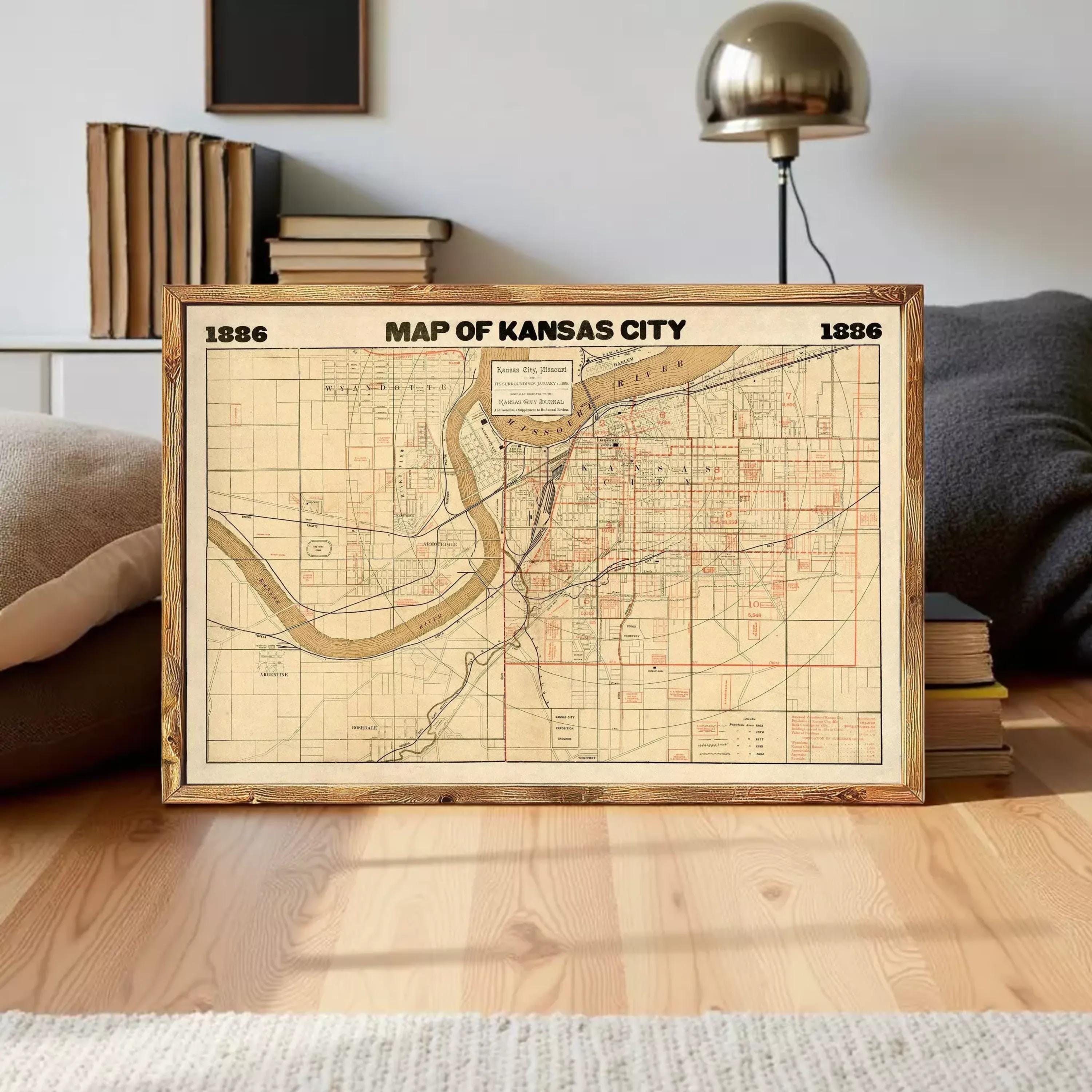 The image is a framed map of Kansas City, Missouri, dated 1836.