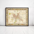 The image is a framed vintage map of a city, likely Genoa, with various landmarks and streets depicted.