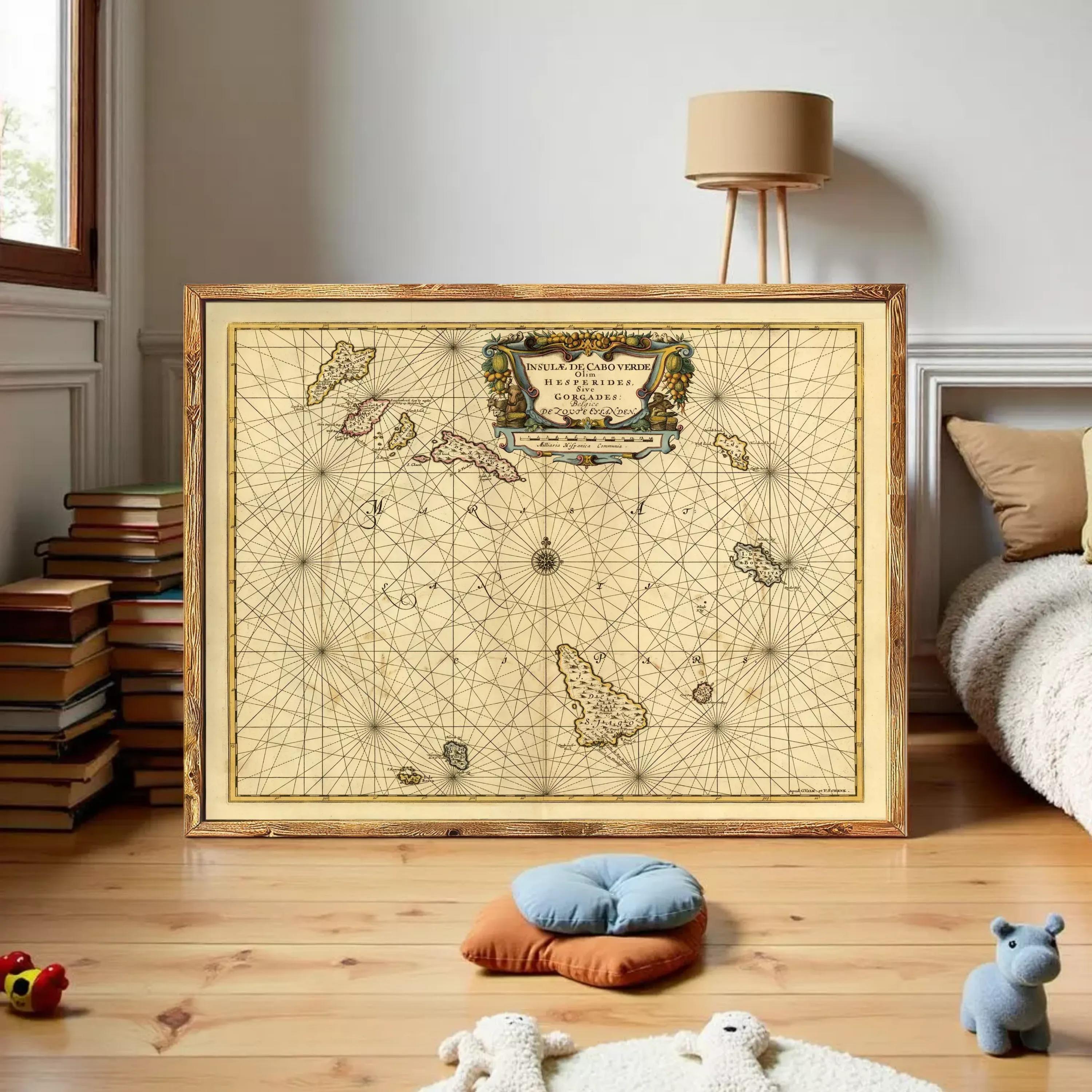 a large framed map of the Caribbean region, with a wooden floor and various toys and books scattered around the room.