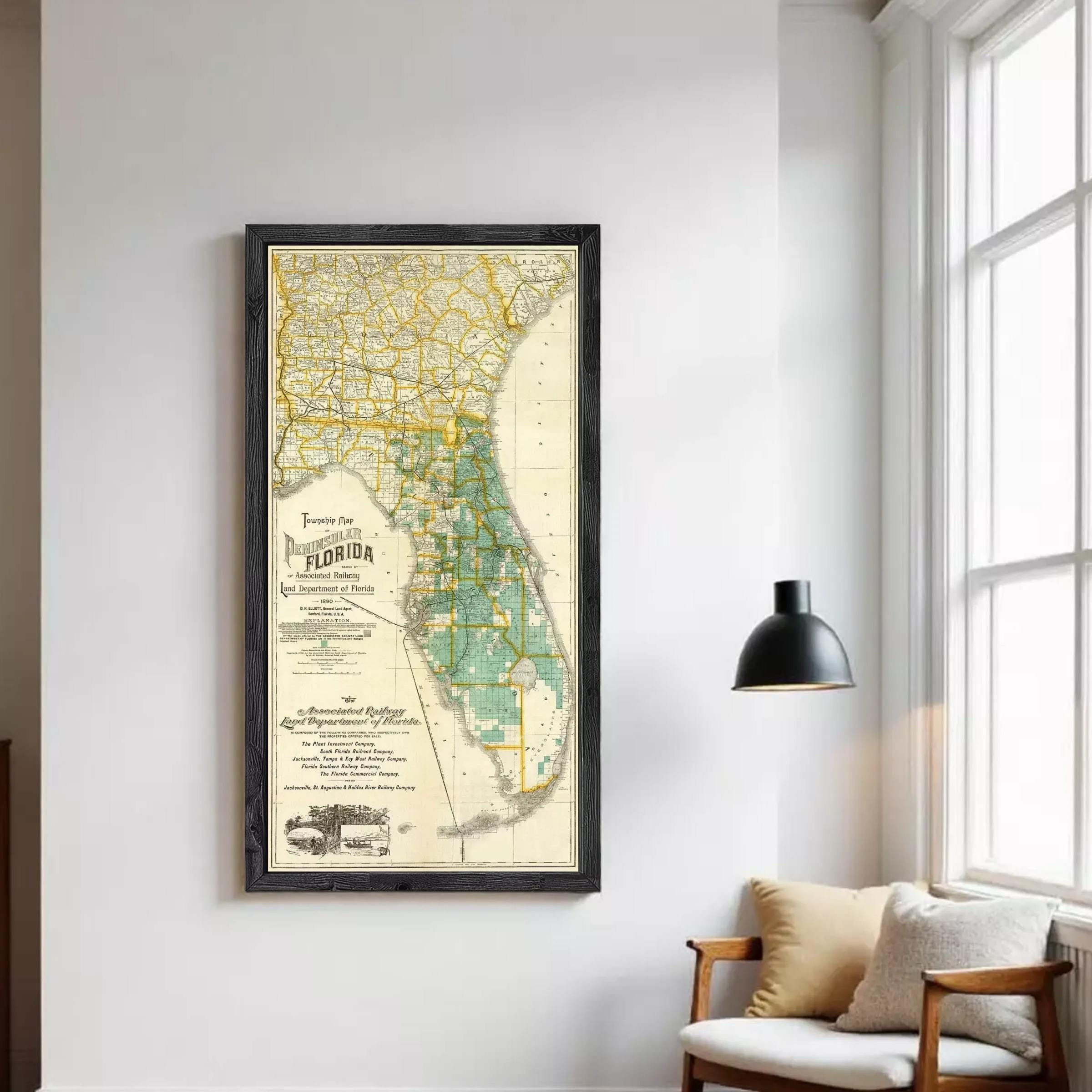 The image is a framed map of Florida, showing the state's geographical layout and boundaries.