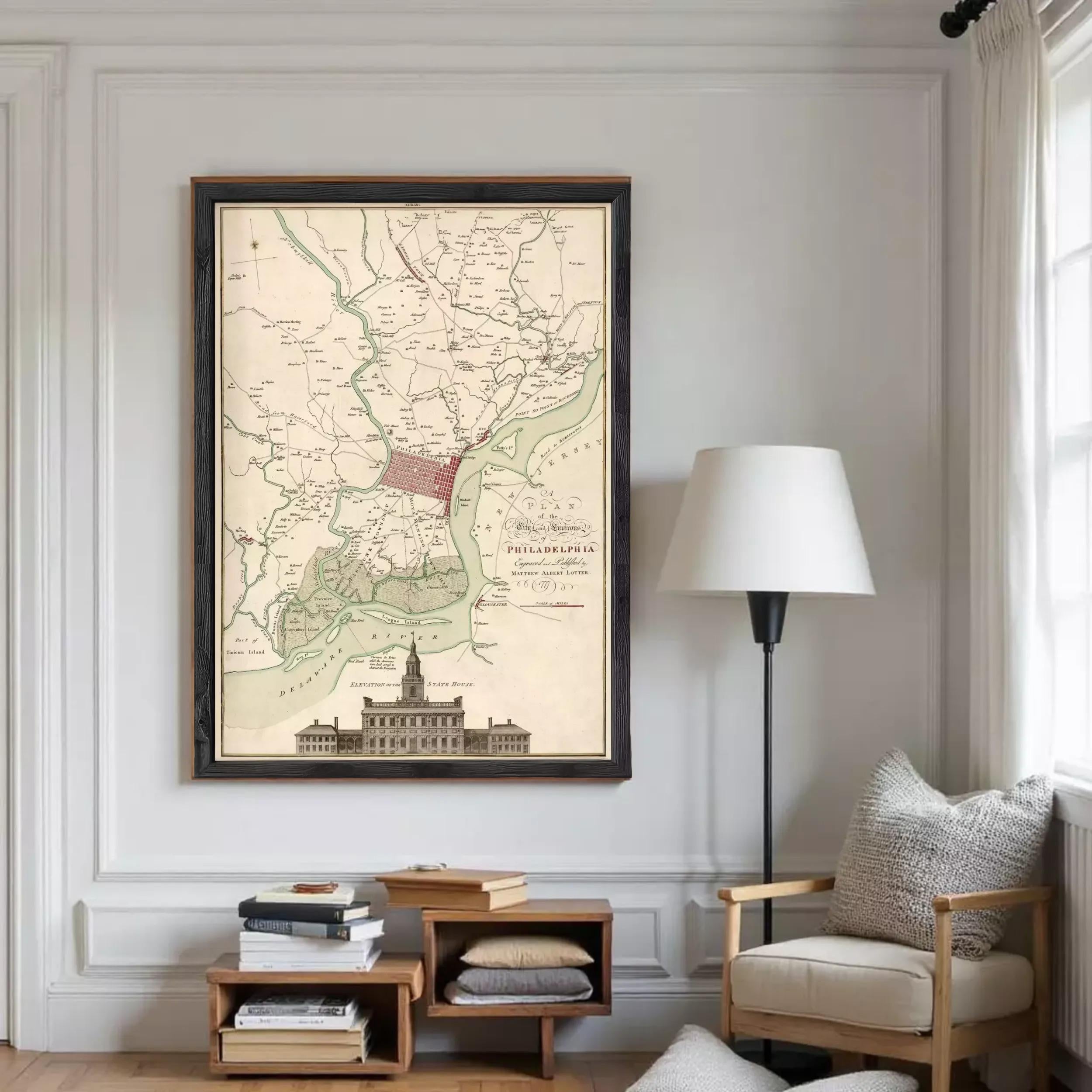 The image is a framed map of Philadelphia, Pennsylvania, depicting the city's layout and surrounding areas.