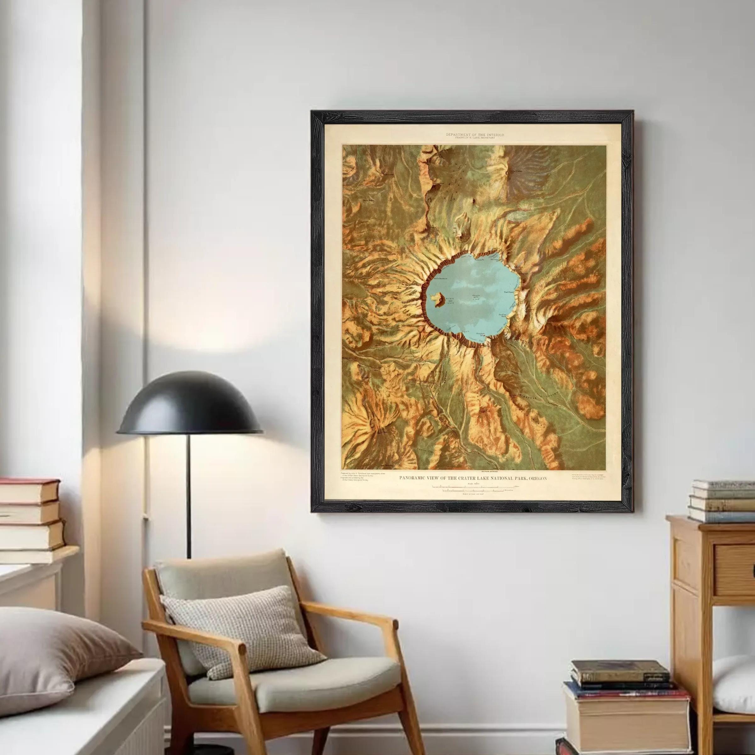 The image is a framed map of the Yellowstone National Park, Oregon, depicting the park's landscape and surrounding areas.