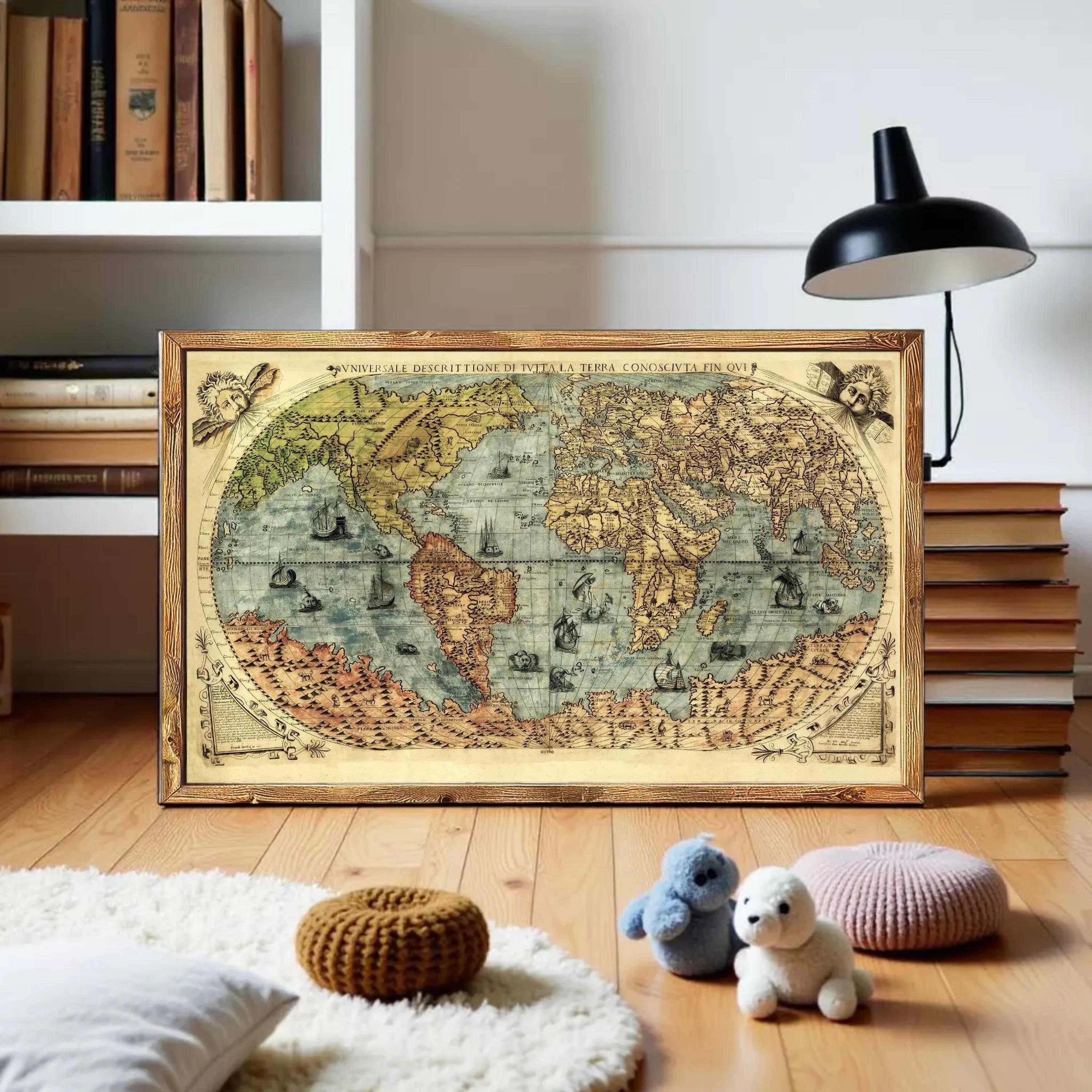 a large, old-fashioned world map displayed on a wooden stand, surrounded by various books and stuffed animals on a wooden floor.