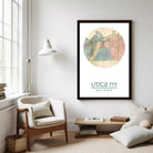 A framed illustration of a map of Utica, New York, with the text "Utica NY" and the location "45° N 75° W" below it.