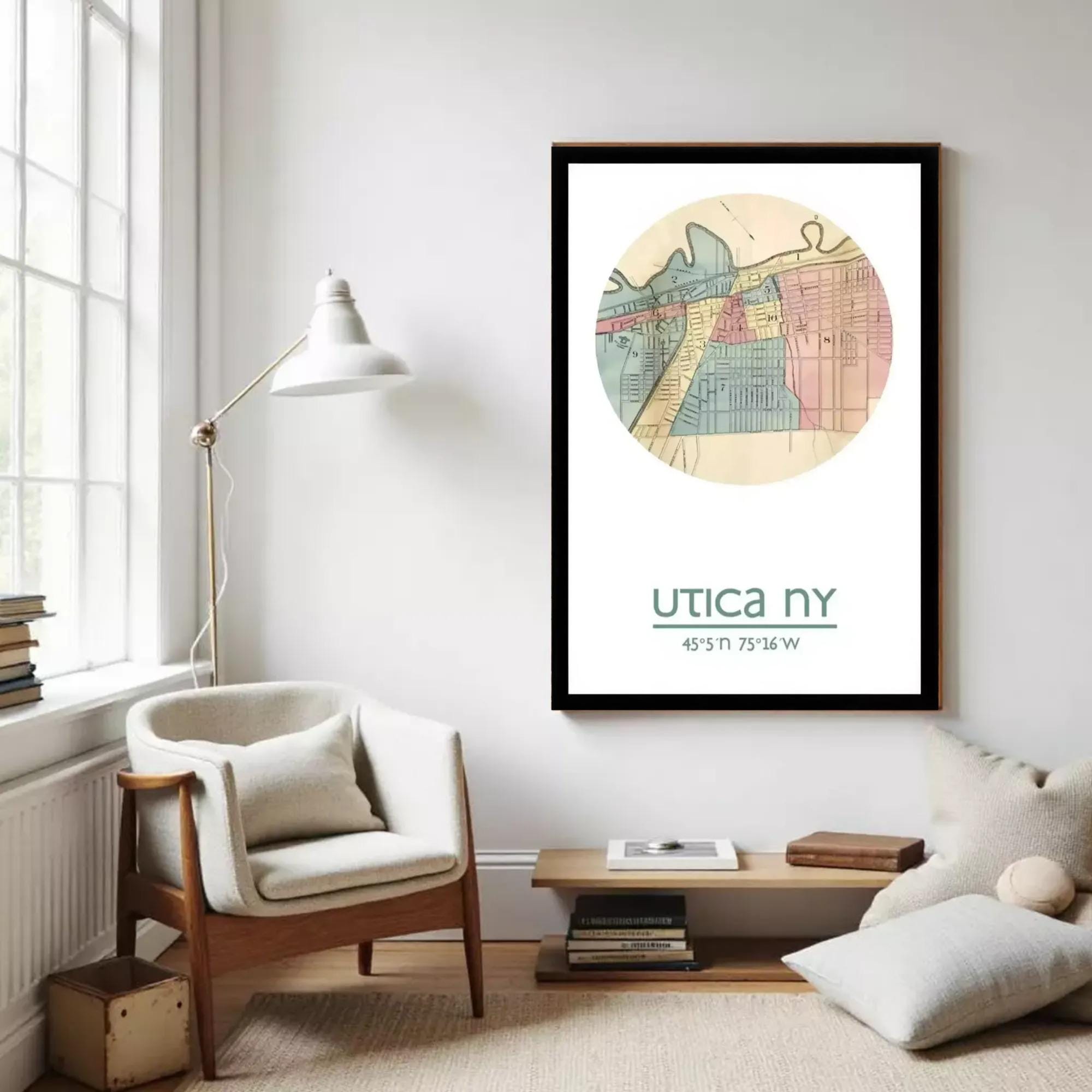 A framed illustration of a map of Utica, New York, with the text "Utica NY" and the location "45° N 75° W" below it.