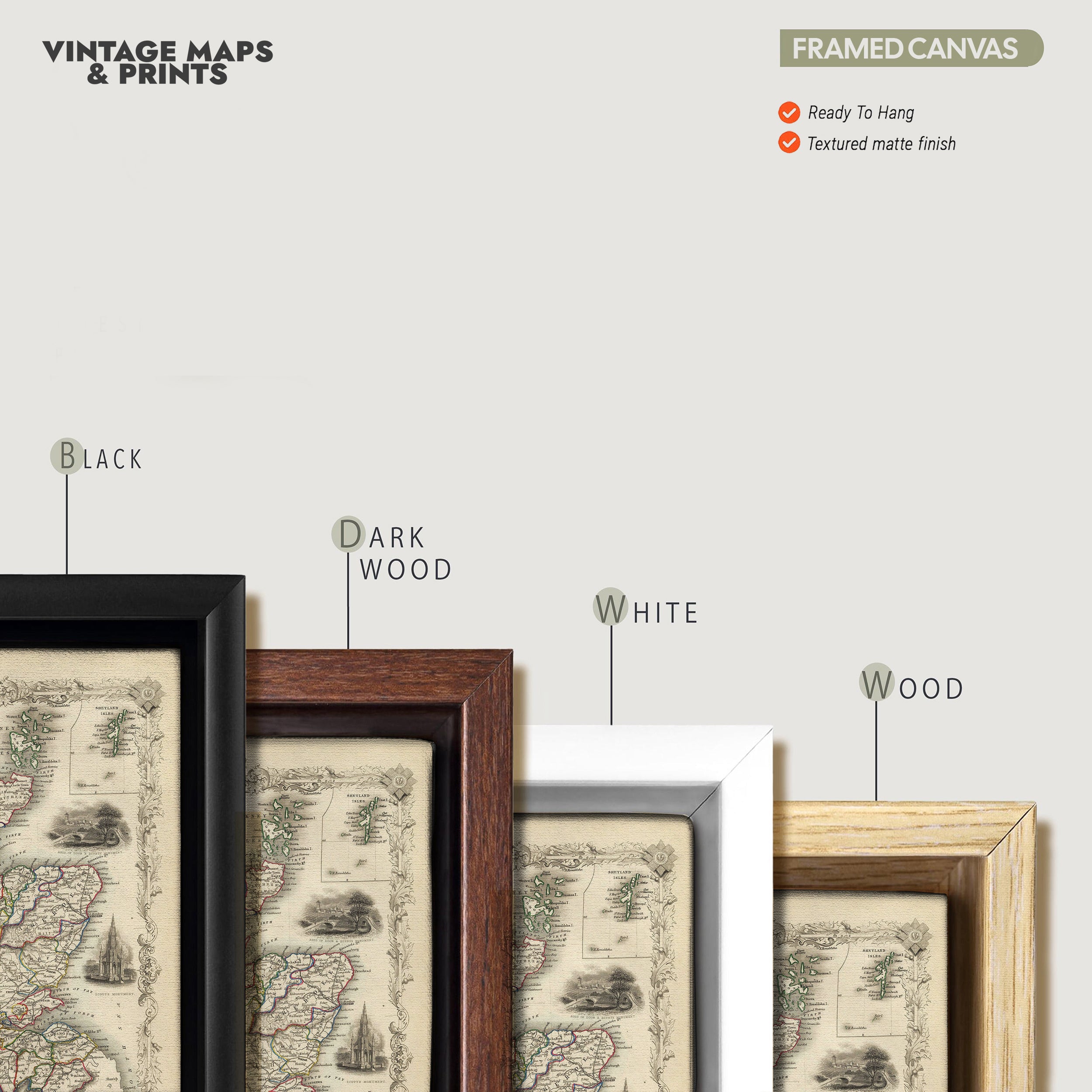 a collection of framed vintage maps and prints, including a black frame, a dark wood frame, a white frame, and a wooden frame. The text indicates that the framed canvas is ready to hang and has a textured matte finish.